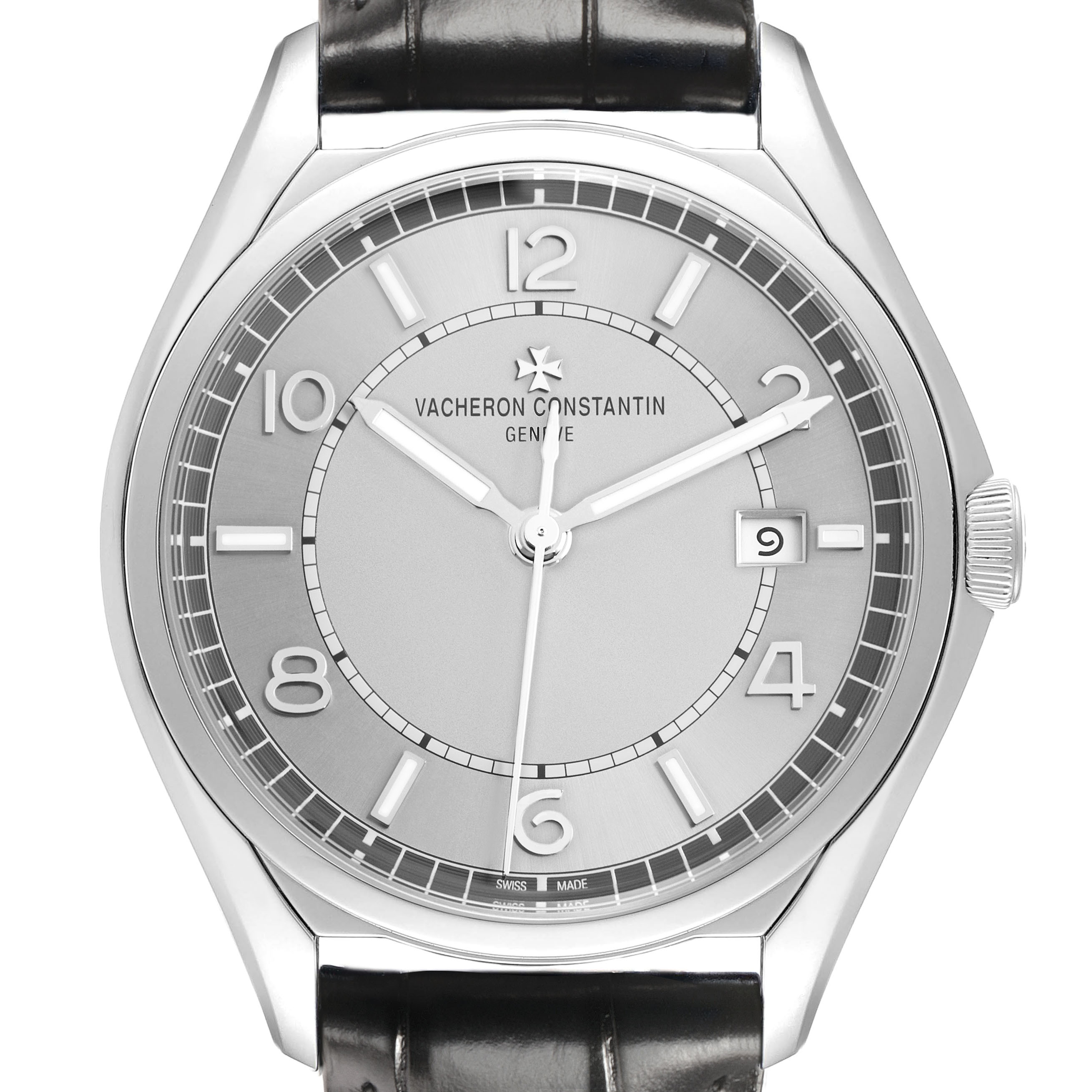 The Vacheron Constantin Fiftysix 4600E/000A-B487 X46A2020 Men's Stainless Steel Silver Dial watch is shown from the front, displaying the dial, hands, numerals, and leather strap.