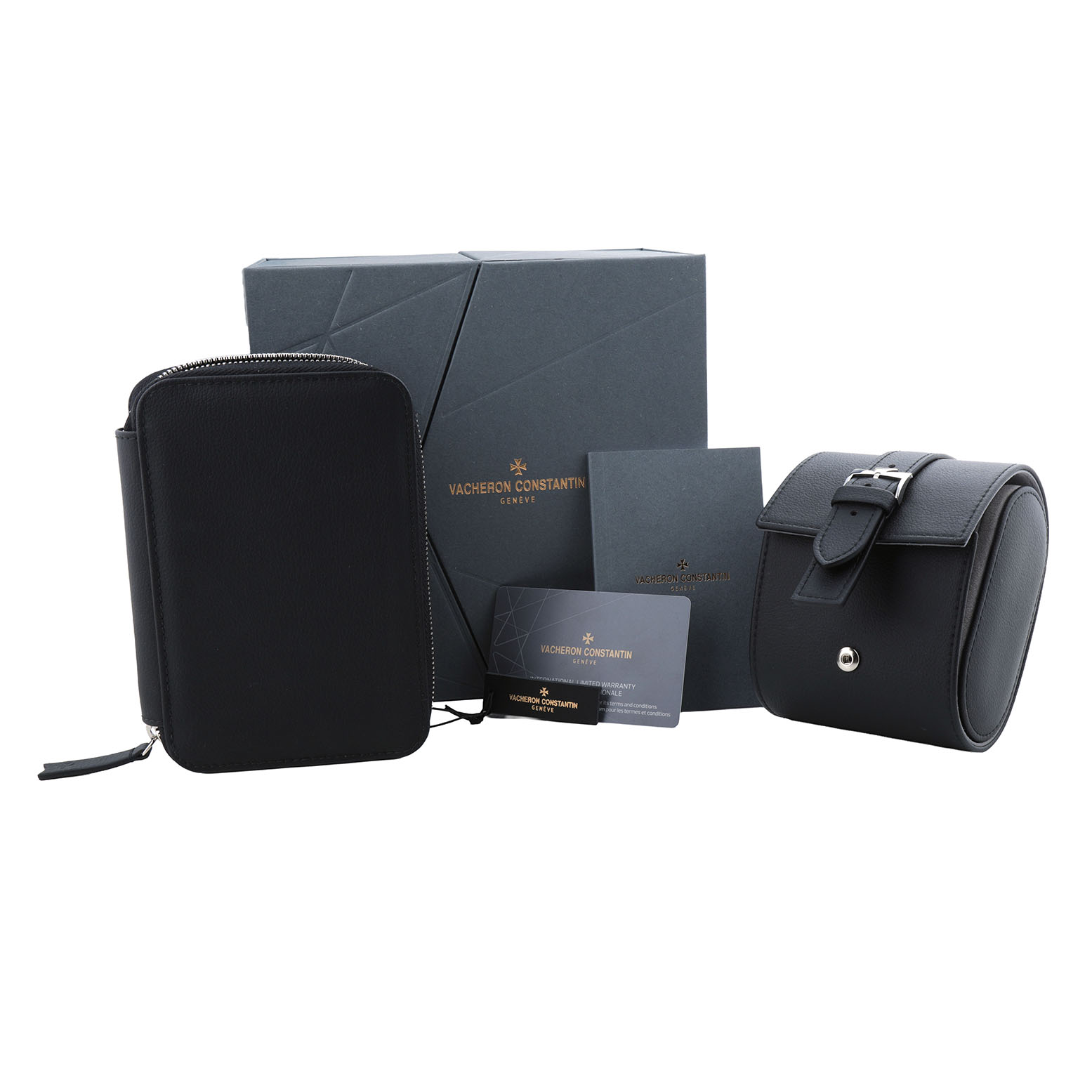 The image shows accessories for the Vacheron Constantin Fiftysix 4600E/000A-B487 X46A2020 Men's Stainless Steel Silver Dial, including a box, a pouch, a cardholder, and a watch roll.