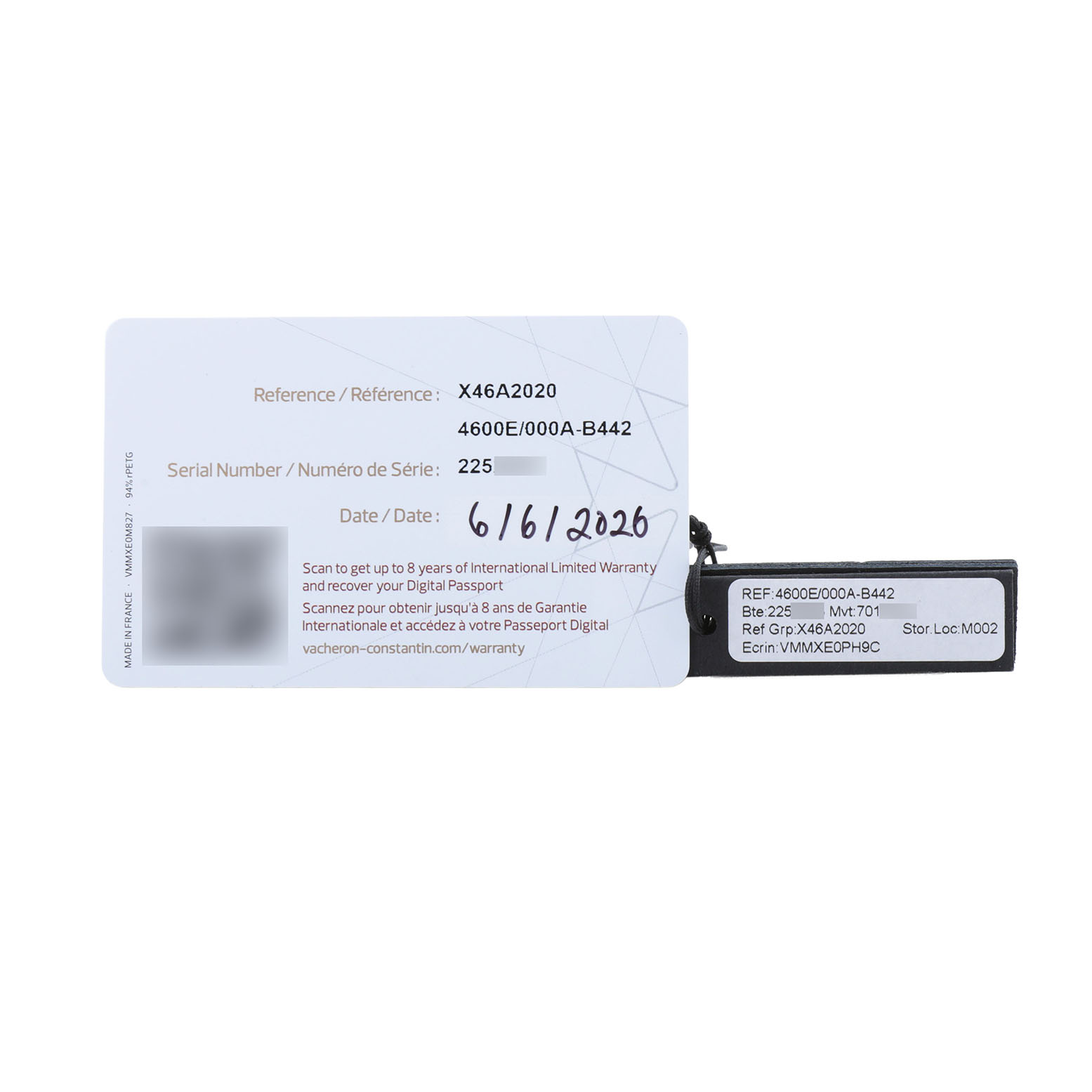 The image shows the warranty card and tag for the Vacheron Constantin Fiftysix 4600E/000A-B487 X46A2020 Men's Stainless Steel Silver Dial model, featuring reference and serial numbers.
