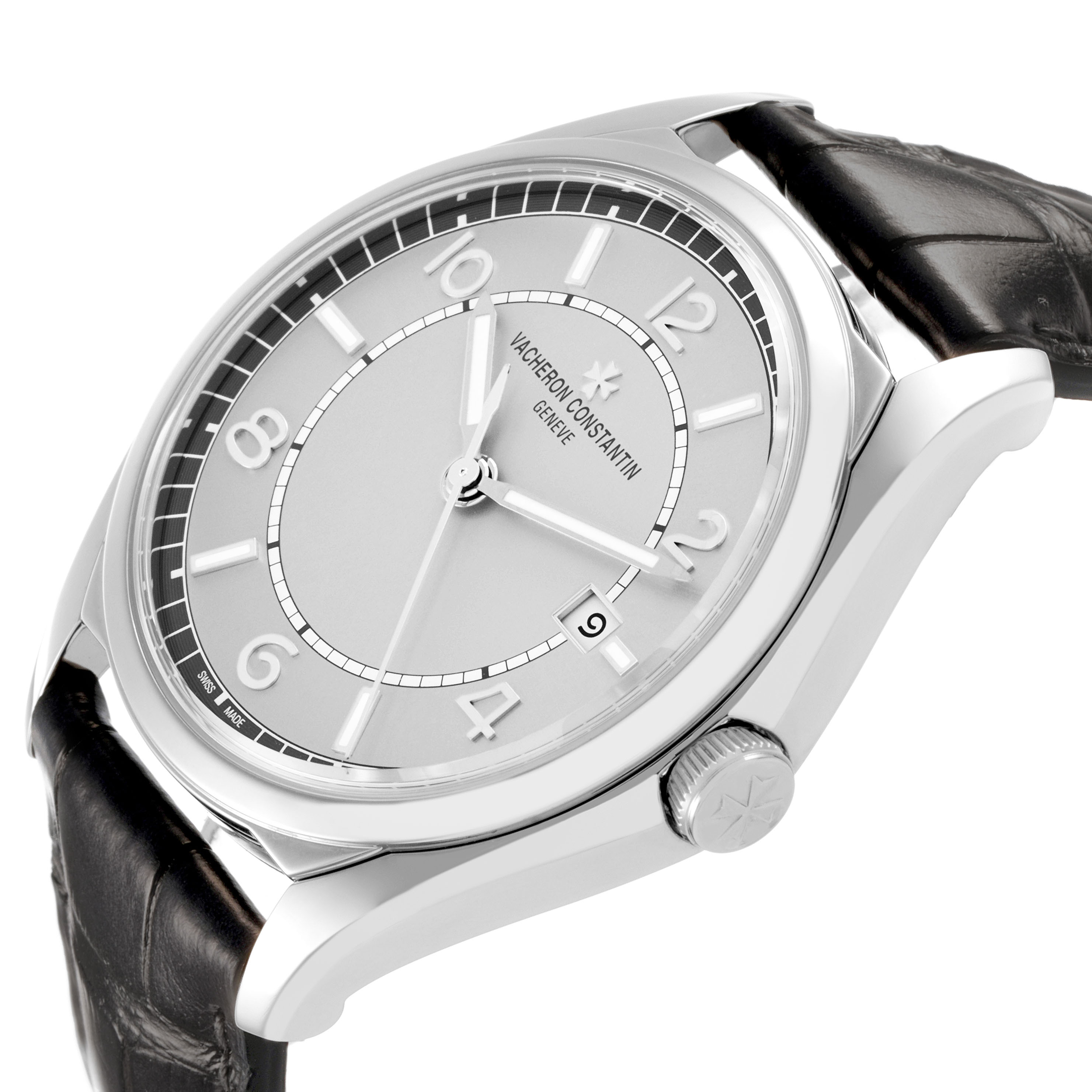 The Vacheron Constantin Fiftysix 4600E/000A-B487 X46A2020 Men's Stainless Steel Silver Dial watch is shown at an angled side view, highlighting the dial, case, crown, and leather strap.