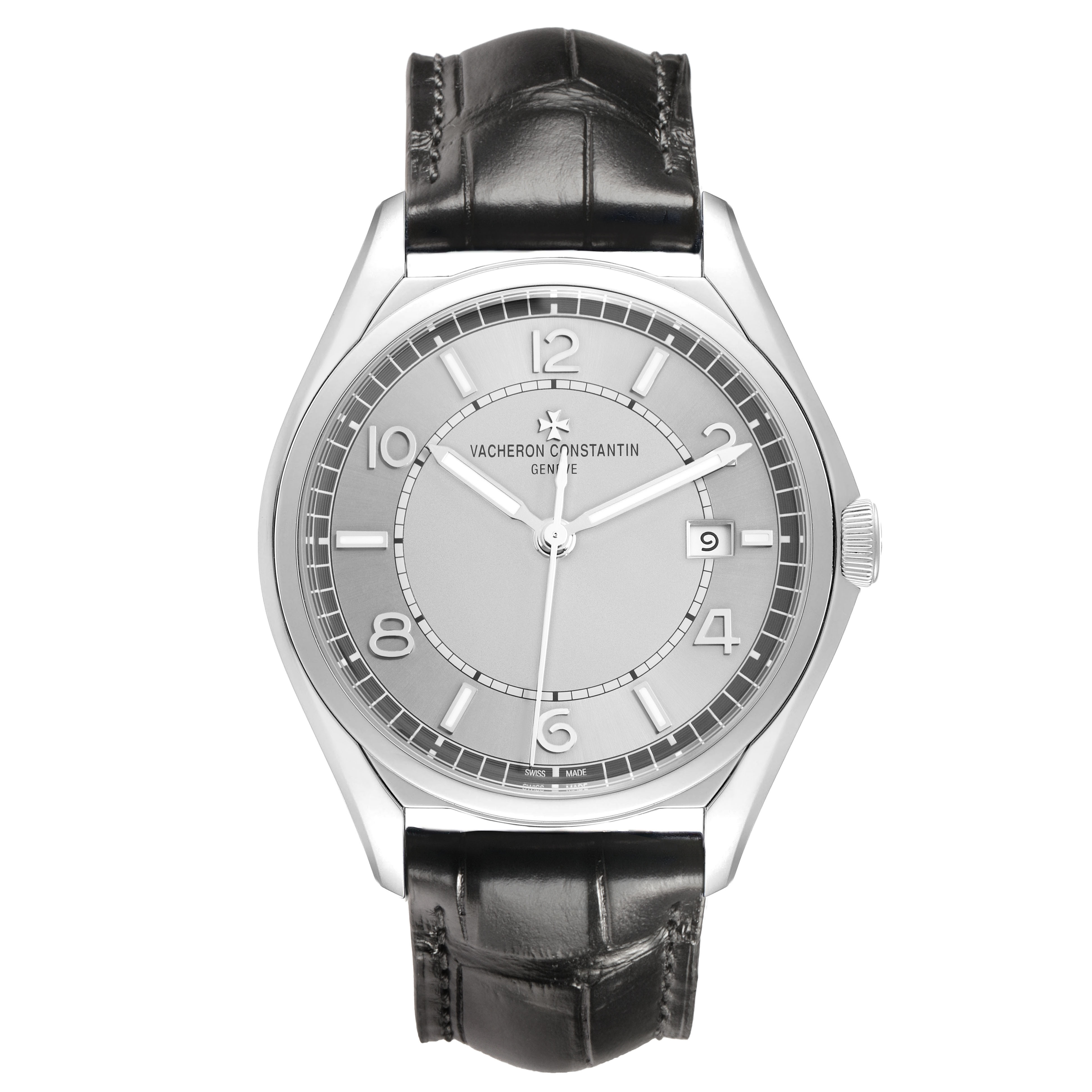 The Vacheron Constantin Fiftysix 4600E/000A-B487 X46A2020 Men's Stainless Steel Silver Dial watch is shown from the front, displaying its dial, hands, hour markers, and leather strap.