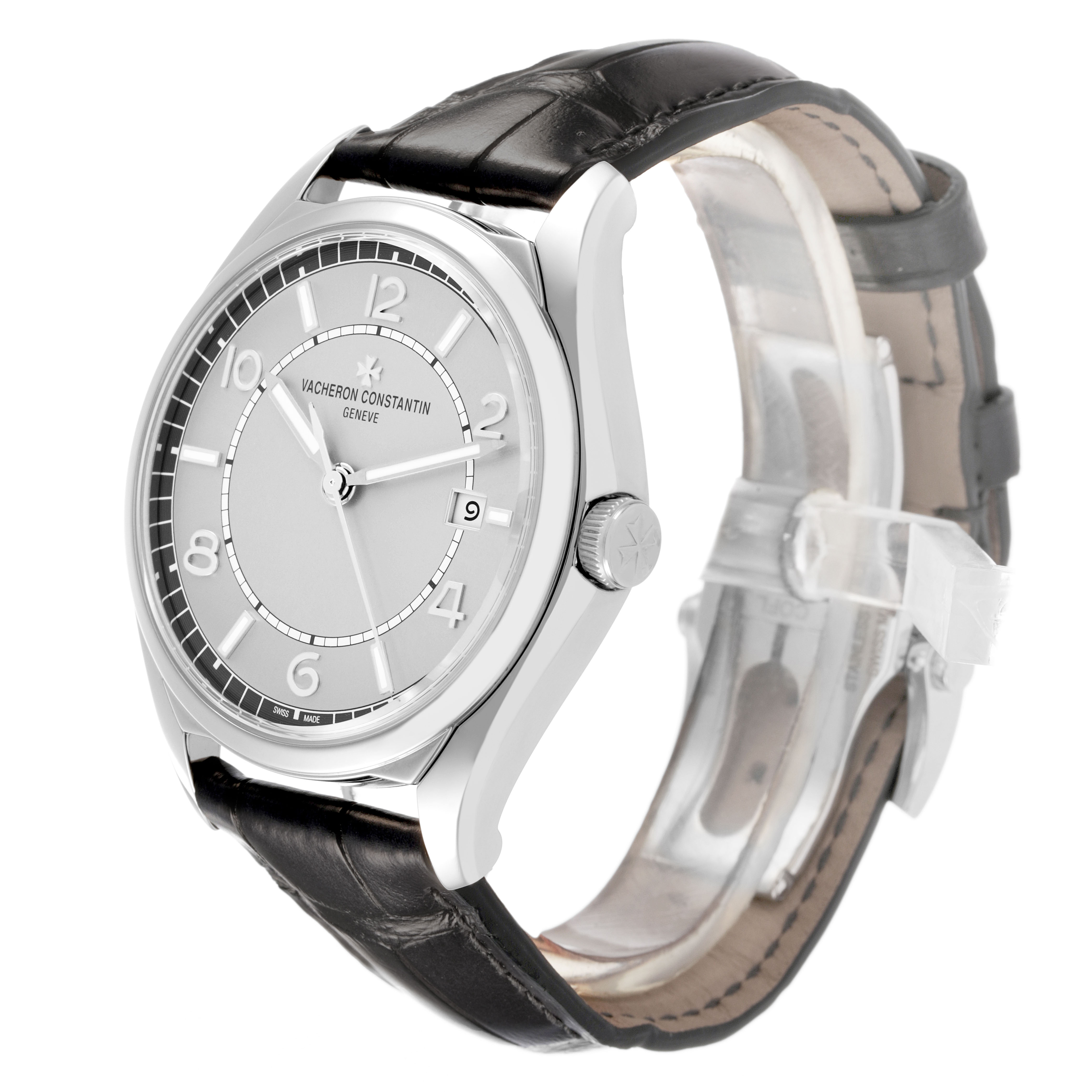 The Vacheron Constantin Fiftysix 4600E/000A-B487 X46A2020 Men's Stainless Steel Silver Dial watch is shown at a slight angle, displaying the face, crown, and part of the leather strap.