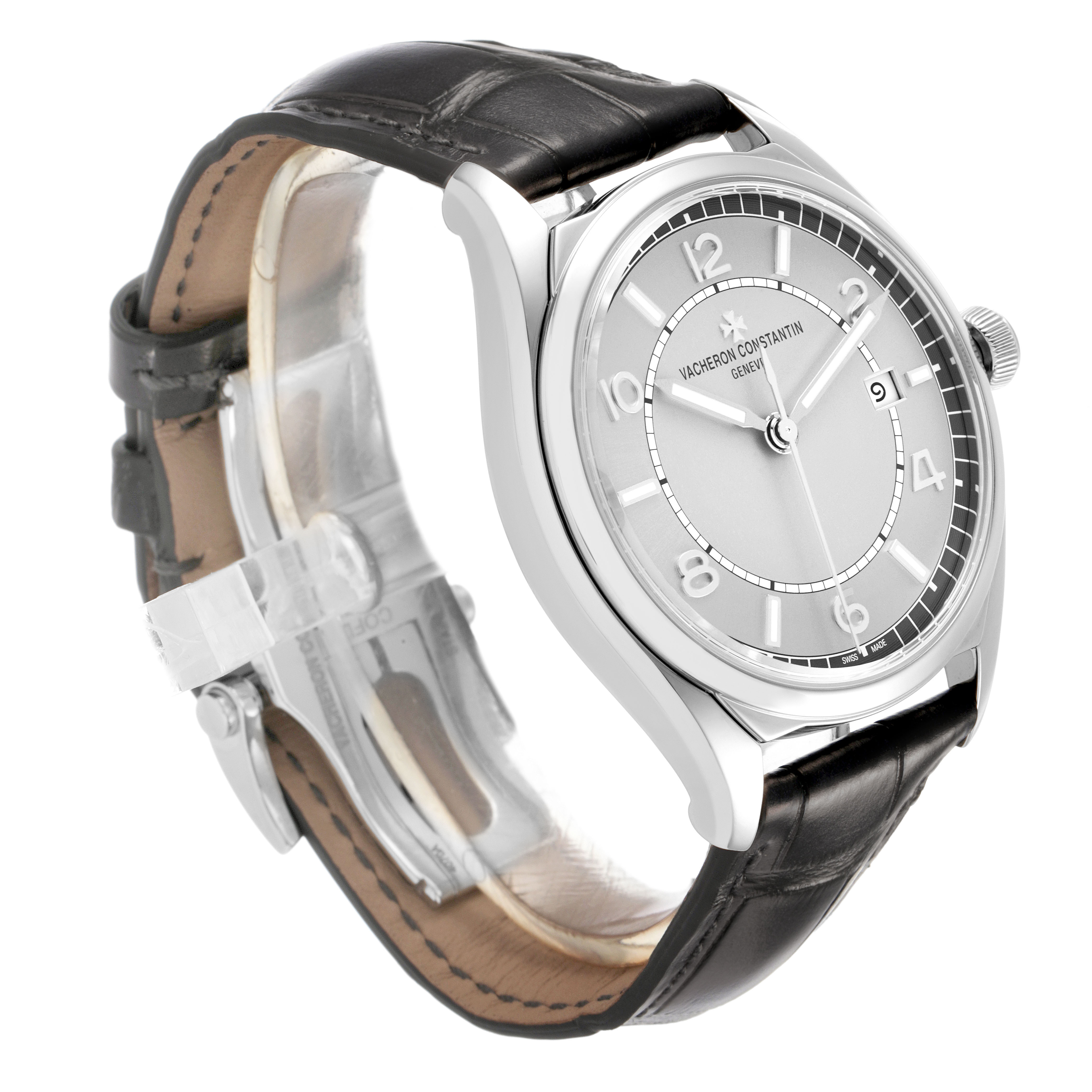 The Vacheron Constantin Fiftysix 4600E/000A-B487 X46A2020 Men's Stainless Steel Silver Dial watch is shown at a three-quarter angle highlighting the dial, case, crown, and strap.