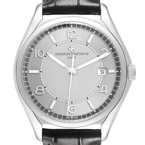 The Vacheron Constantin Fiftysix 4600E/000A-B487 X46A2020 Men's Stainless Steel Silver Dial watch is shown from a front view, highlighting its dial, hands, numerals, date display, and crown.