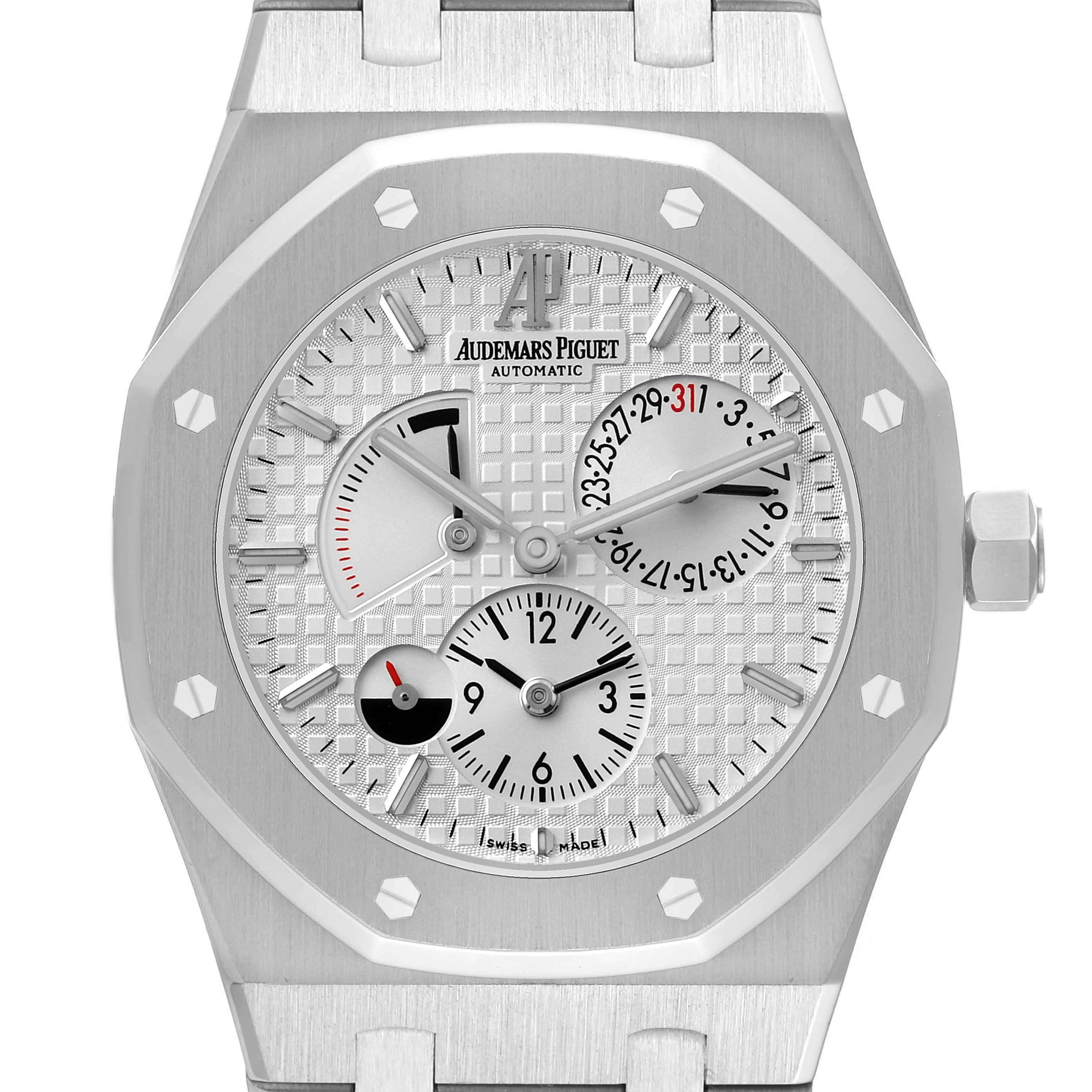 The Audemars Piguet Royal Oak 26120ST Men
s Stainless Steel Silver Dial watch is shown from the front, highlighting the face, dials, and bezel.