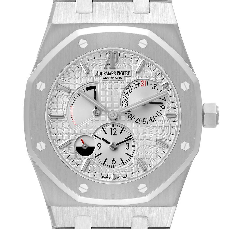 The Audemars Piguet Royal Oak 26120ST Men's Stainless Steel Silver Dial watch is shown from the front, highlighting the face, dials, and bezel.