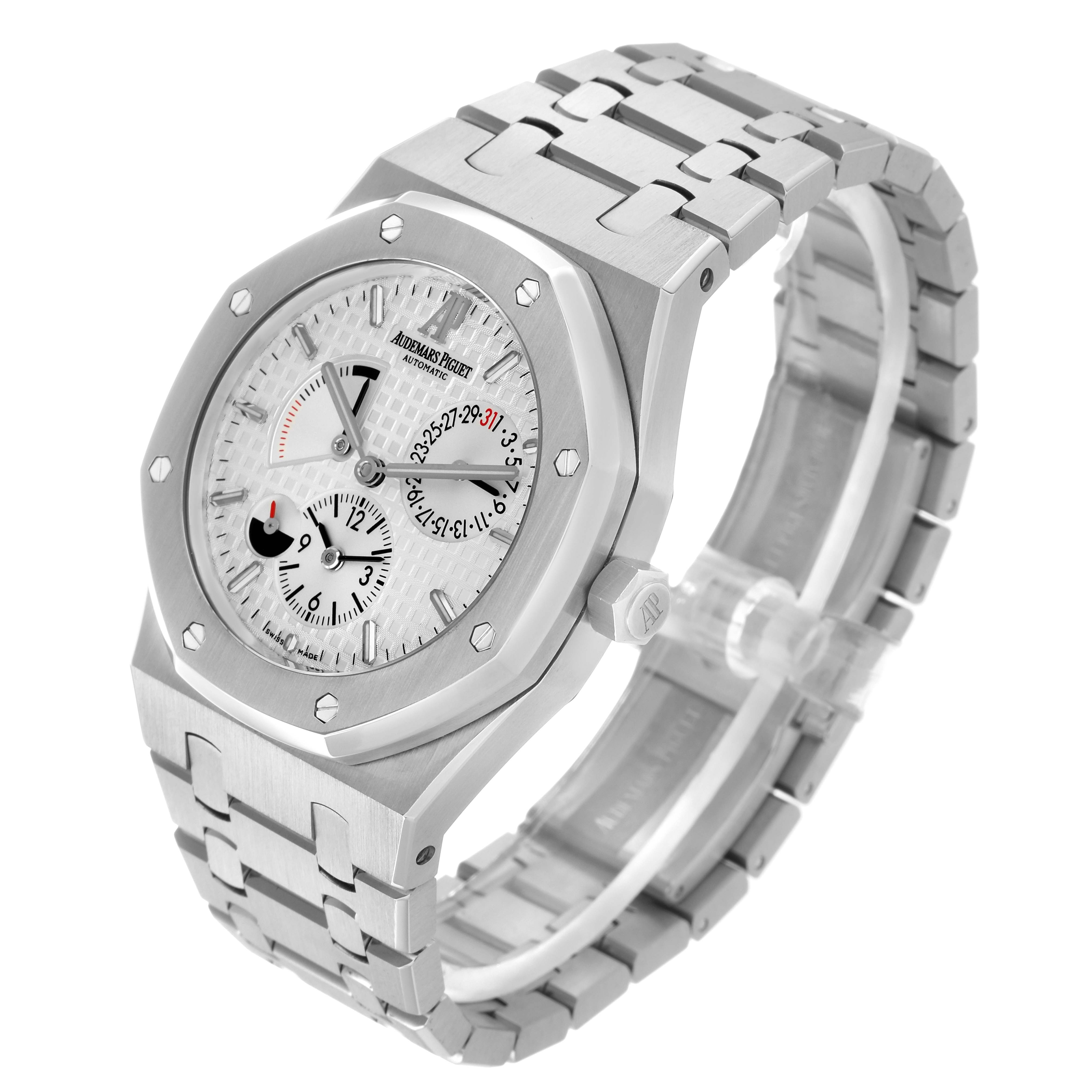 The Audemars Piguet Royal Oak 26120ST Men
s Stainless Steel Silver Dial is shown at a three-quarter angle, highlighting the face, bracelet, and side profile.