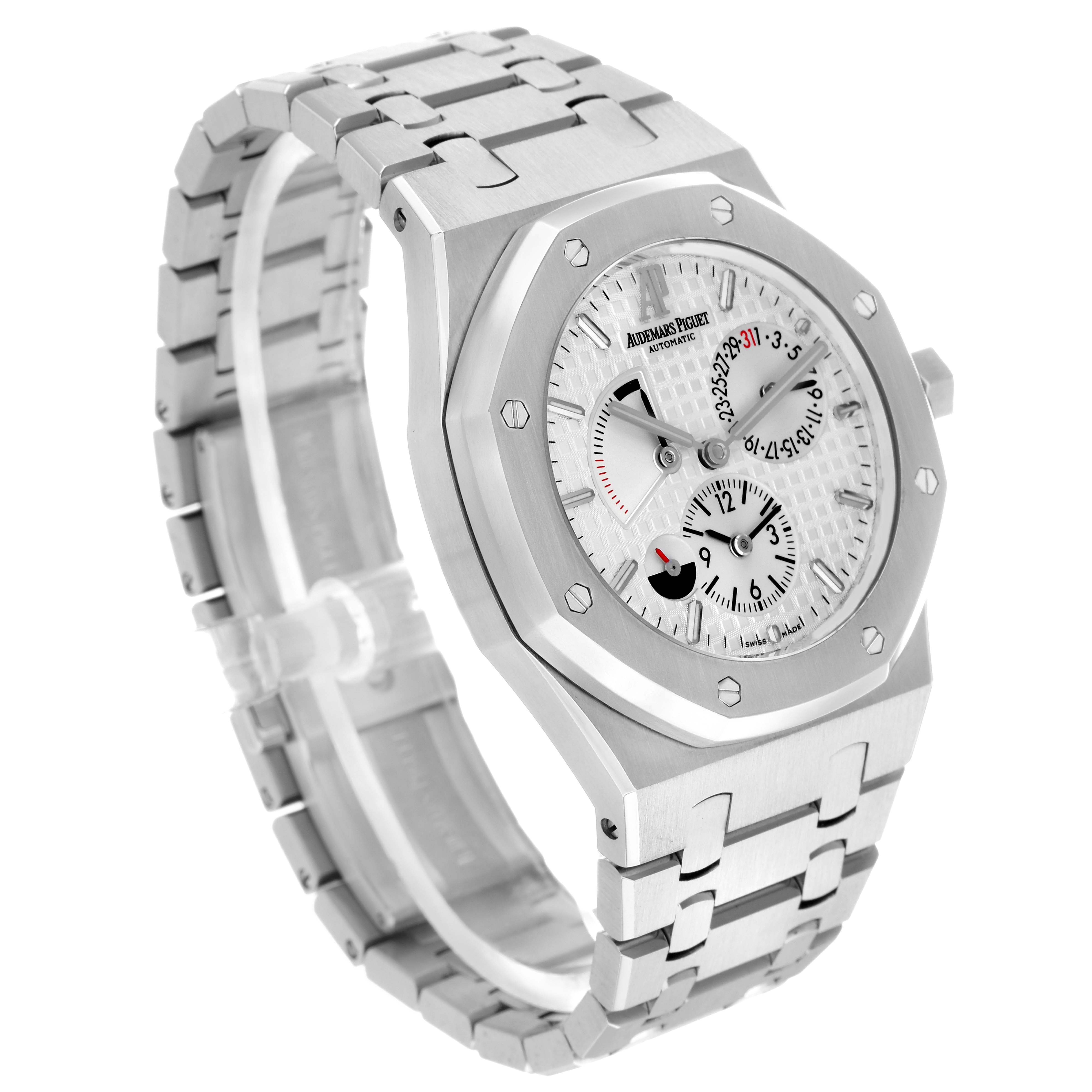 The Audemars Piguet Royal Oak 26120ST Men
s Stainless Steel Silver Dial watch is shown from a three-quarter angle, displaying the face, bezel, and detailed bracelet design.