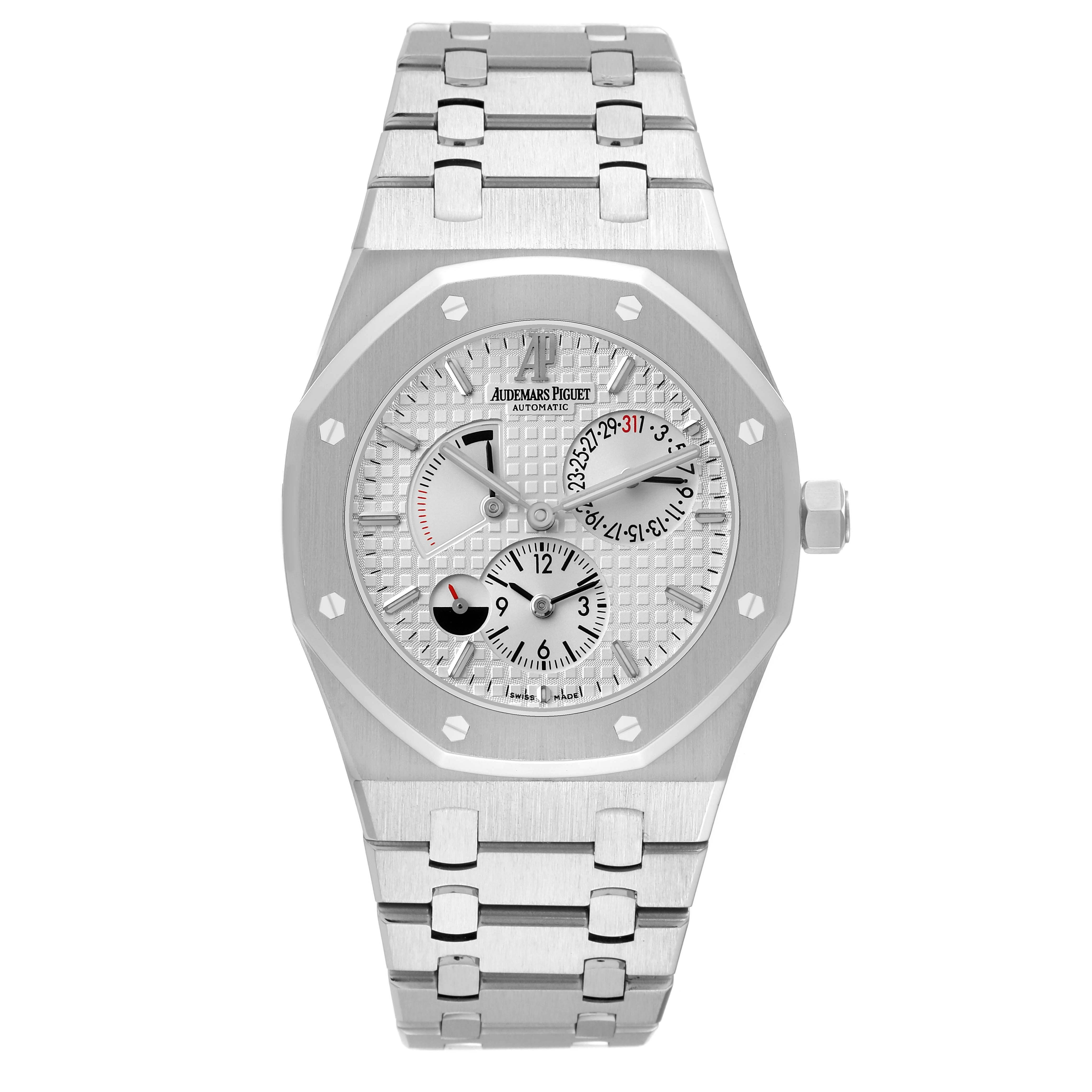 The image shows a frontal view of the Audemars Piguet Royal Oak 26120ST Men
s Stainless Steel Silver Dial watch, displaying the dial, bezel, and bracelet.