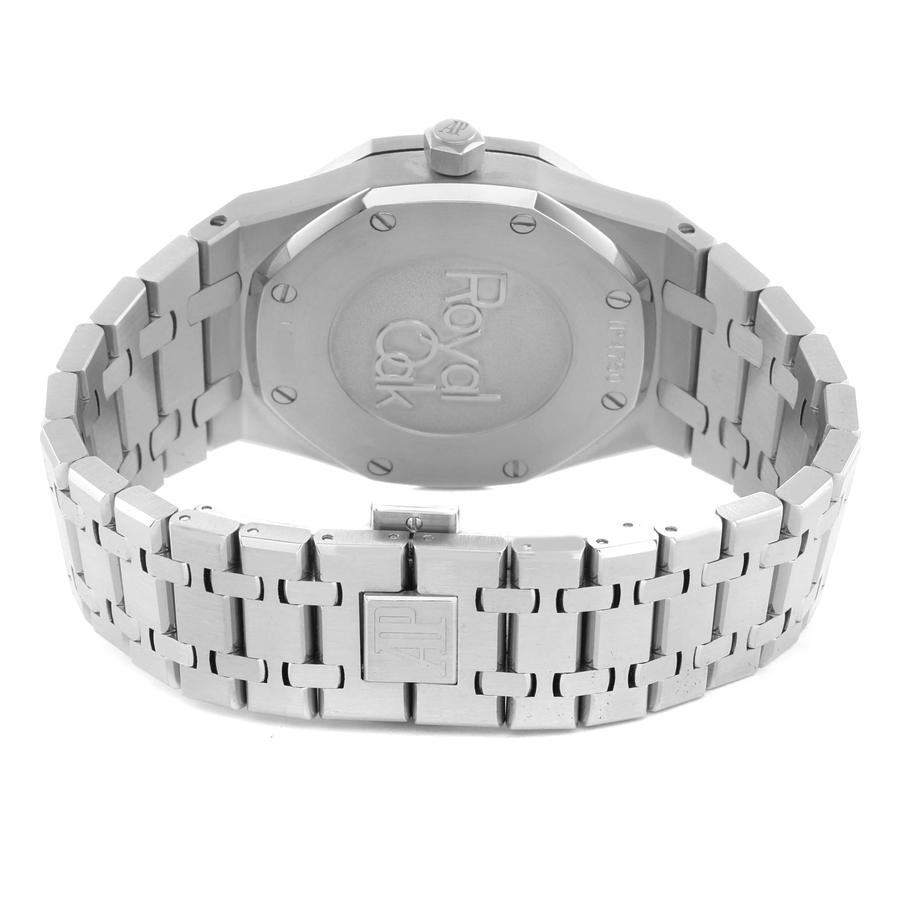 The image shows the back case and bracelet clasp of an Audemars Piguet Royal Oak 26120ST Men
s Stainless Steel Silver Dial watch from a rear angle.