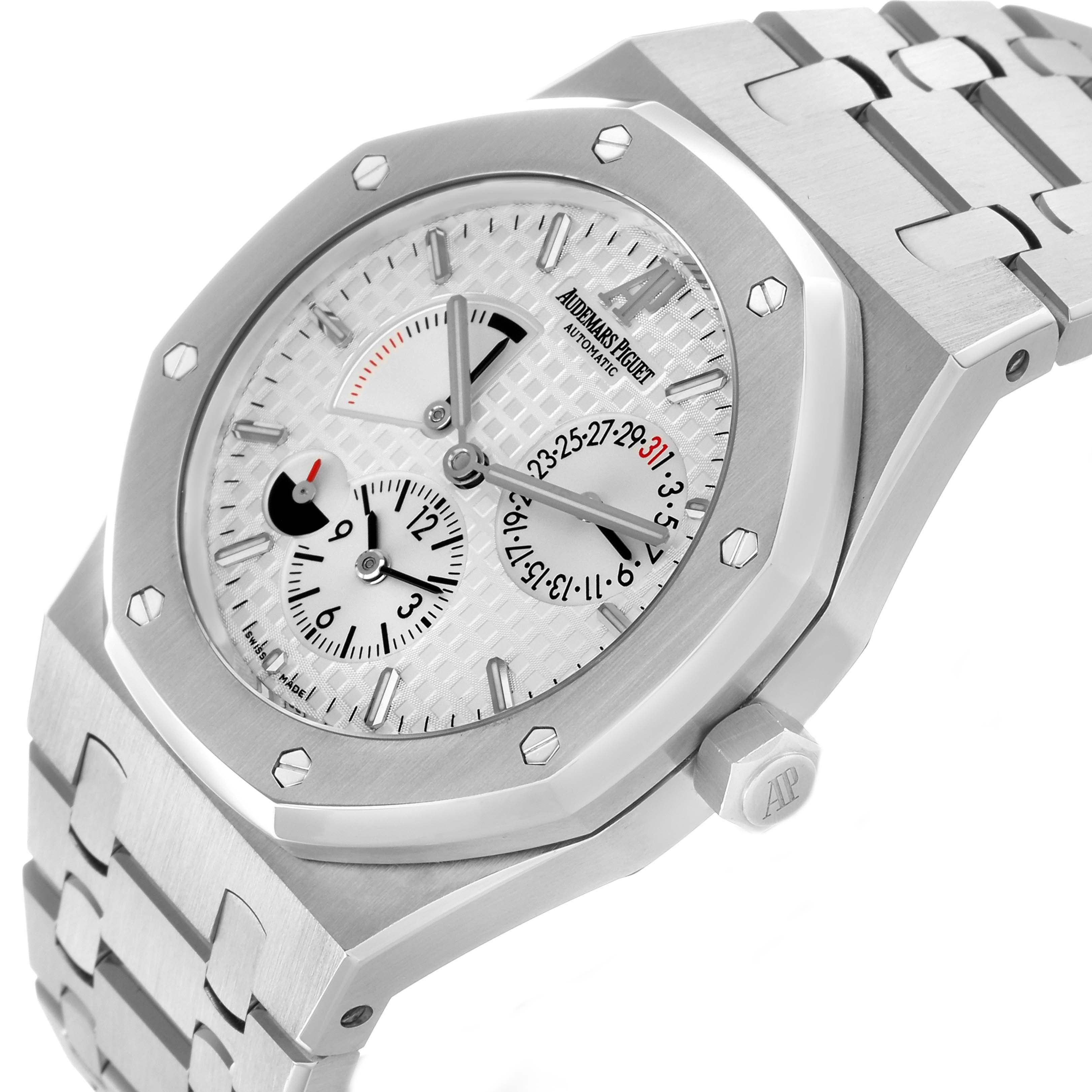 The Audemars Piguet Royal Oak 26120ST Men
s Stainless Steel Silver Dial watch is shown from a front-side angle, featuring its distinctive hexagonal bezel, dial, and bracelet.