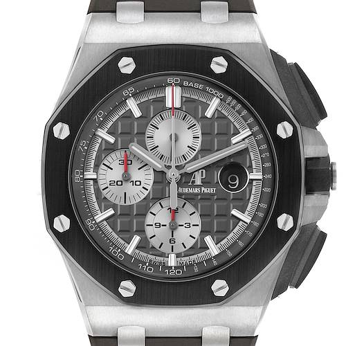 The Audemars Piguet Royal Oak Offshore 26400IO Men's Titanium Grey Dial watch is shown from the front, highlighting its dial, bezel, and pushers.