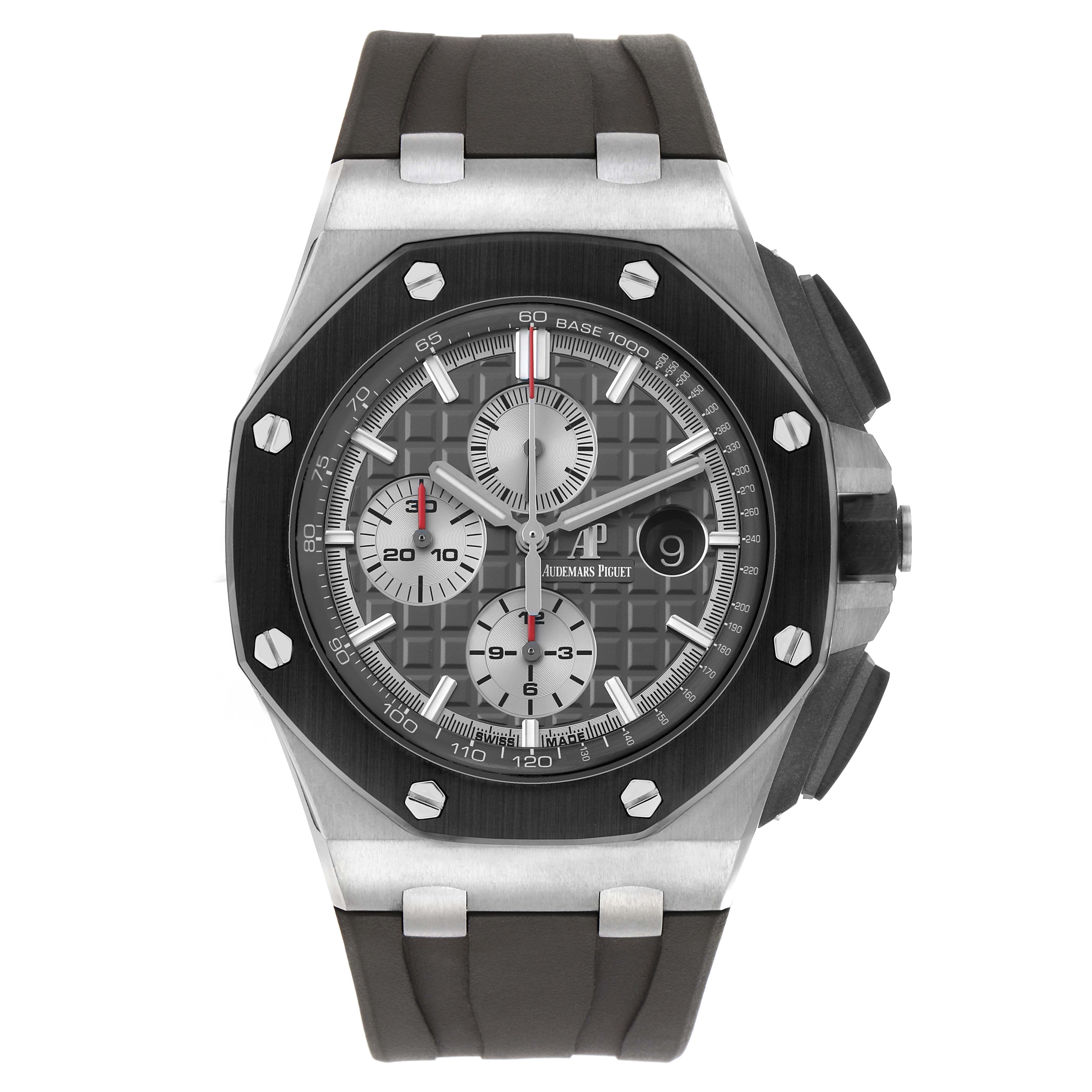 The Audemars Piguet Royal Oak Offshore 26400IO Men's Titanium Grey Dial watch is shown from the front, highlighting the dial, bezel, and strap.