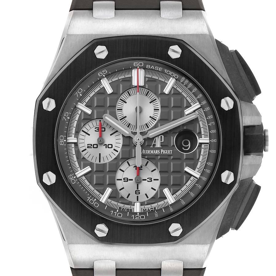 The Audemars Piguet Royal Oak Offshore 26400IO Men's Titanium Grey Dial watch is shown from a front angle, highlighting the dial, bezel, and chronograph subdials.