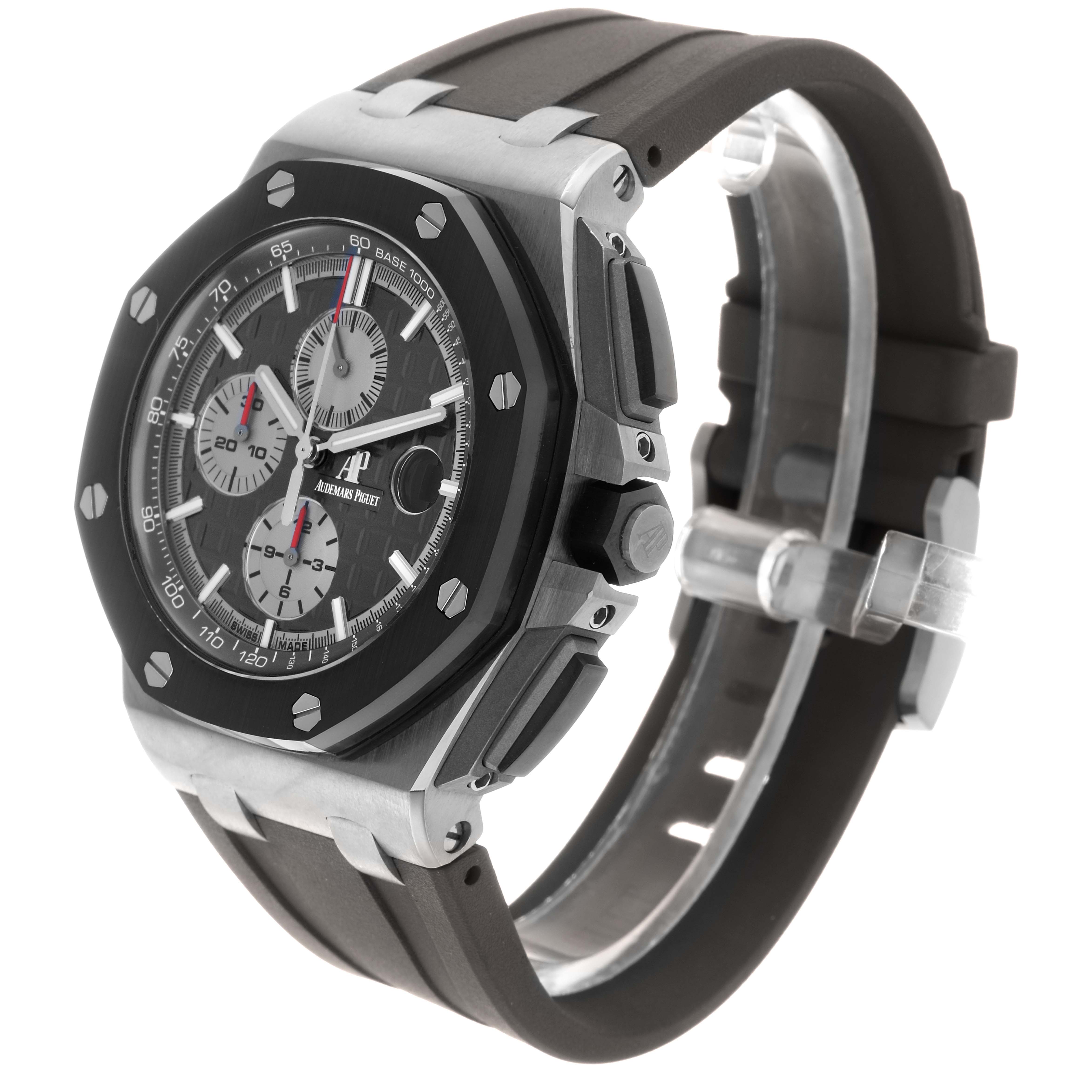 The Audemars Piguet Royal Oak Offshore 26400IO Men's Titanium Grey Dial watch is shown at a three-quarter angle, featuring the dial, bezel, and strap.