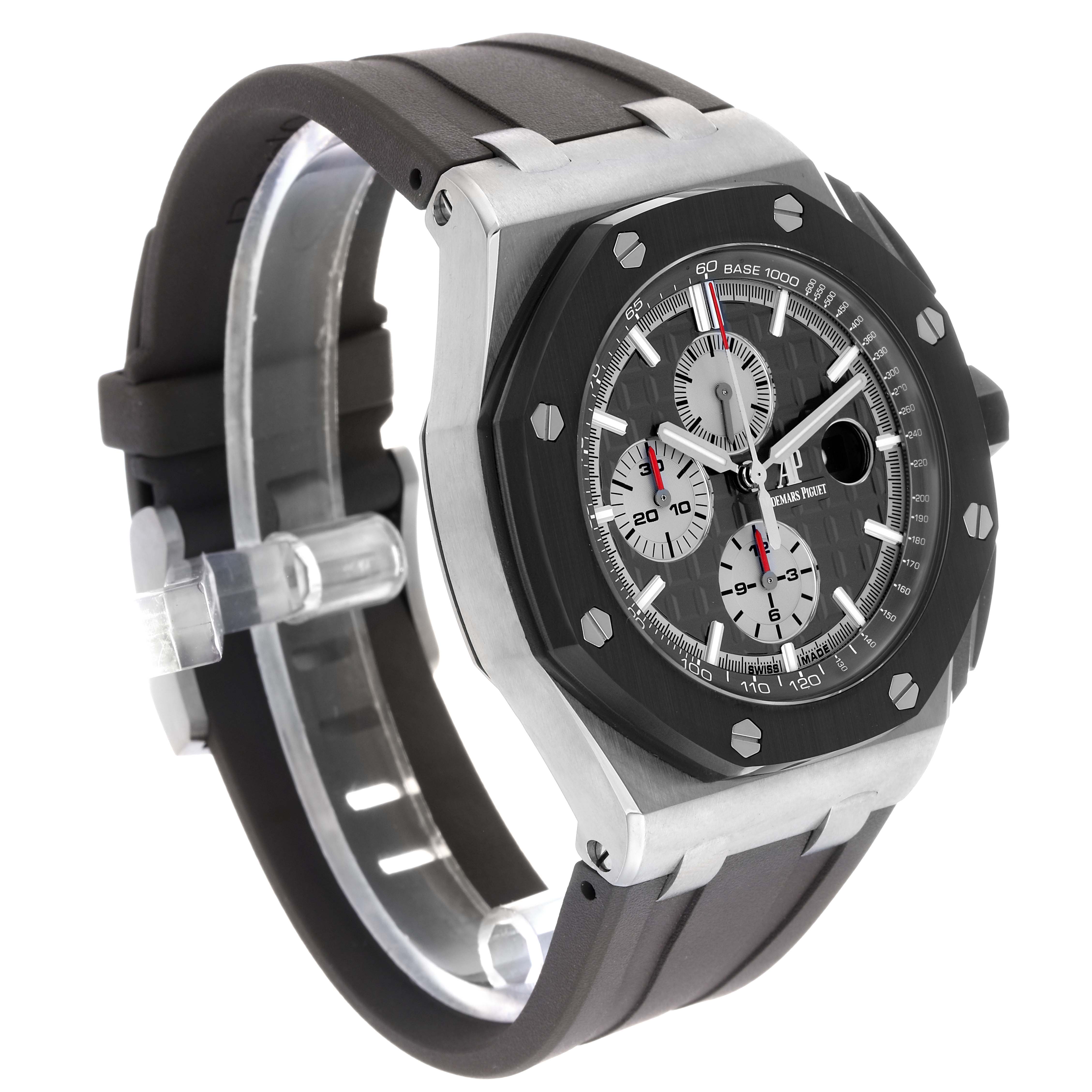 The Audemars Piguet Royal Oak Offshore 26400IO Men's Titanium Grey Dial watch is shown at a three-quarter angle, highlighting the face, bezel, and strap.