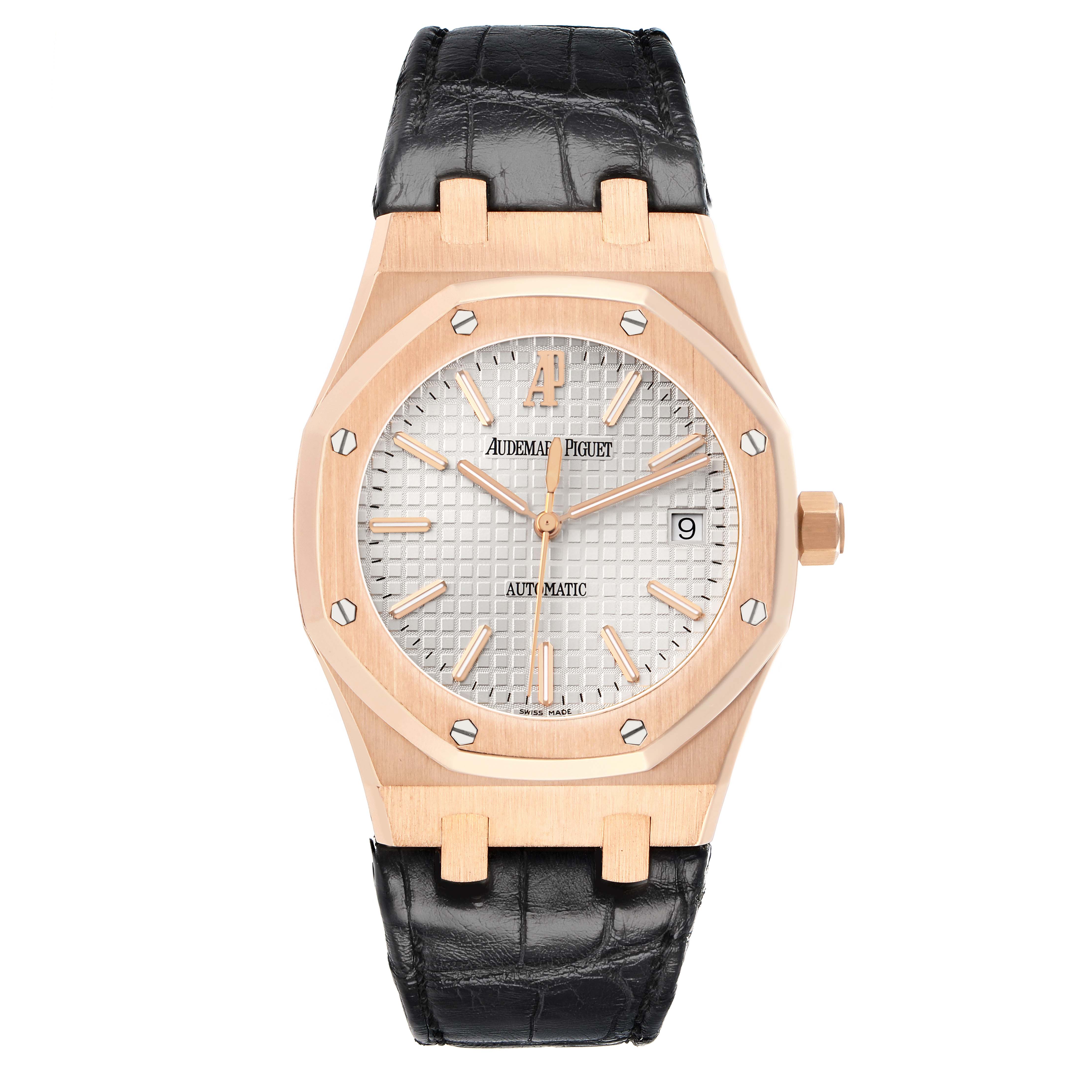 The Audemars Piguet Royal Oak 15300OR.OO.D088CR.02 Men
s Rose Gold Silver Dial watch is shown front-on, highlighting the dial, bezel, and leather strap.