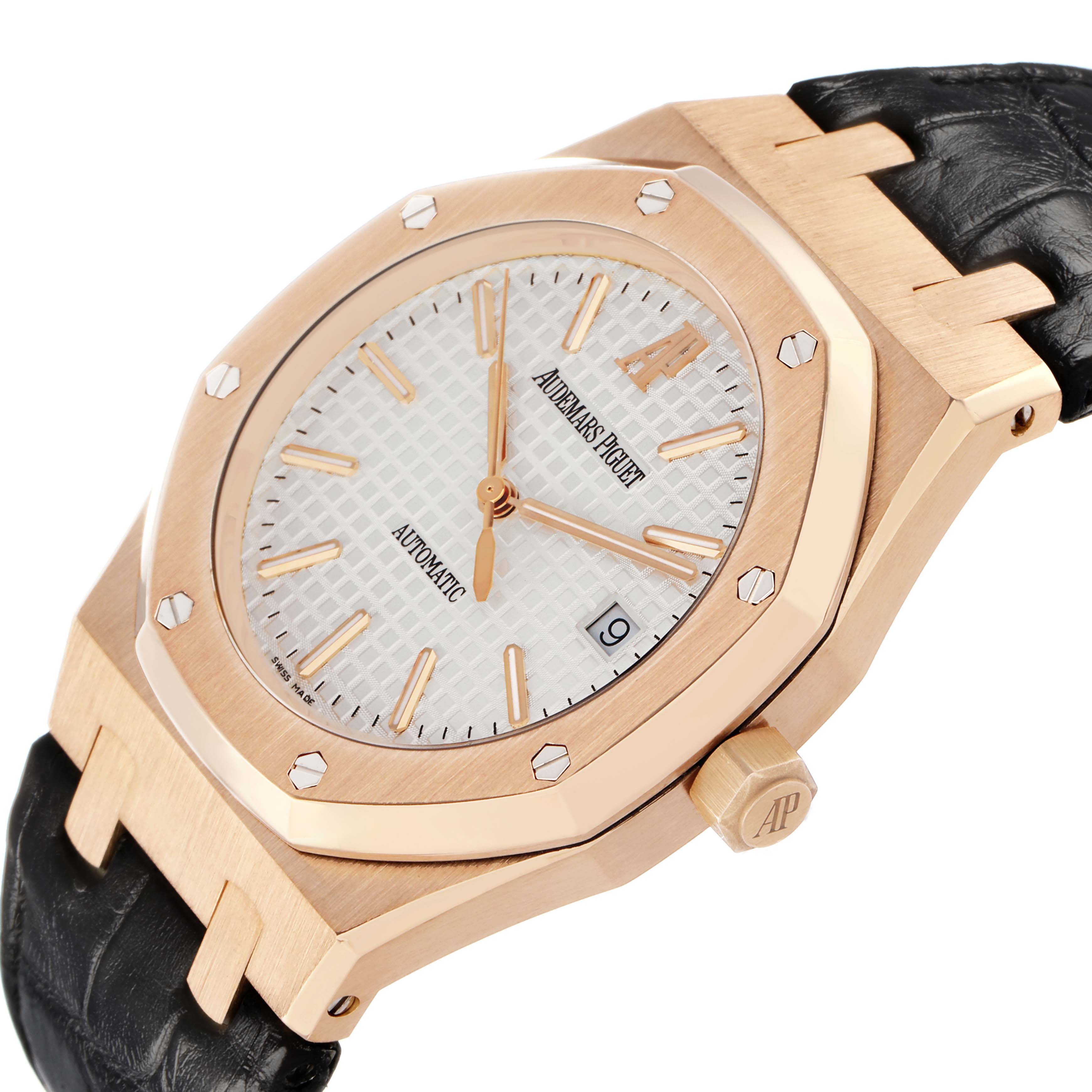 The image shows the Audemars Piguet Royal Oak 15300OR.OO.D088CR.02 Men
s Rose Gold Silver Dial watch at a three-quarter angle, highlighting the dial, bezel, crown, and part of the strap.