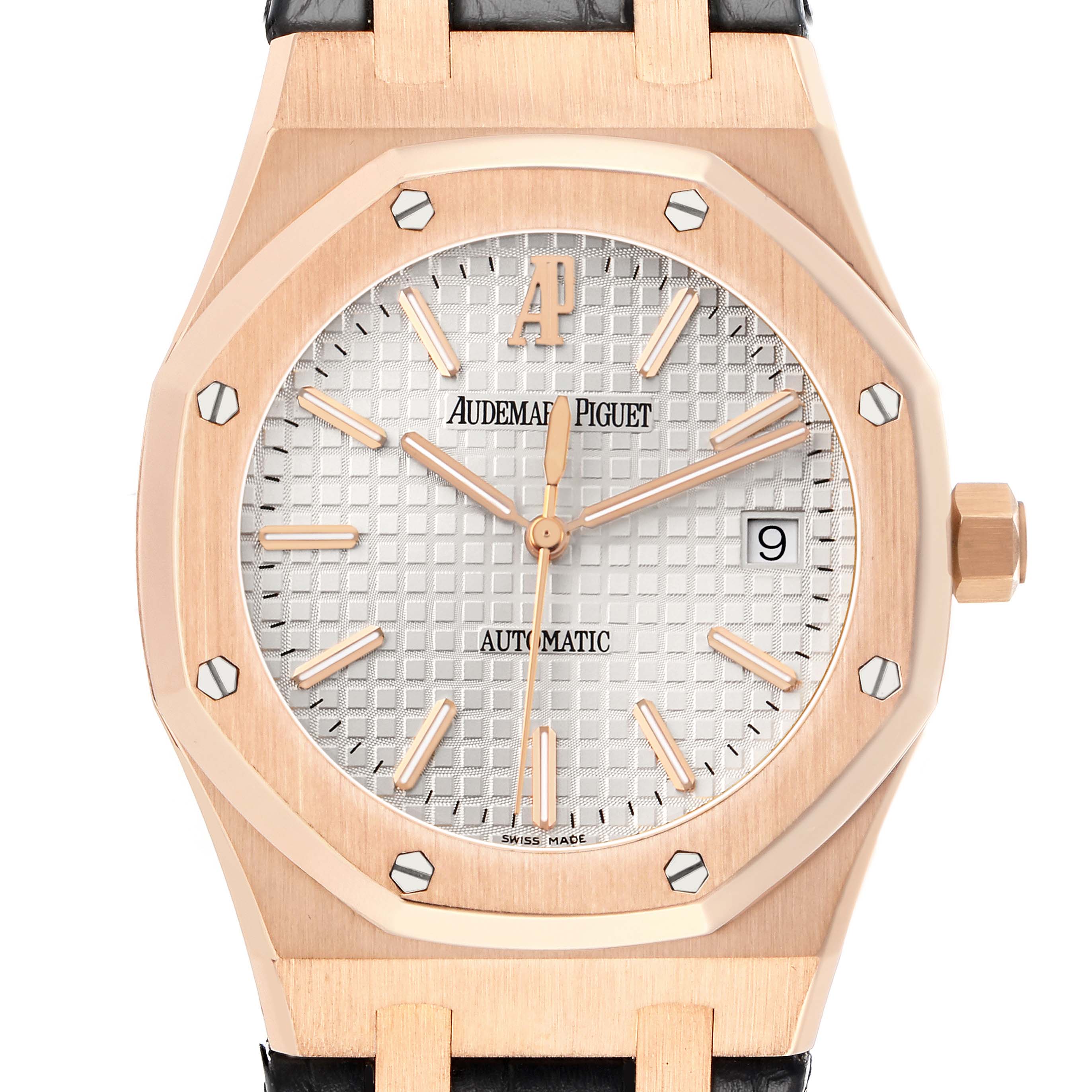 The Audemars Piguet Royal Oak 15300OR.OO.D088CR.02 Men
s Rose Gold Silver Dial watch is shown from a front angle, highlighting the dial, octagonal bezel, and leather strap.