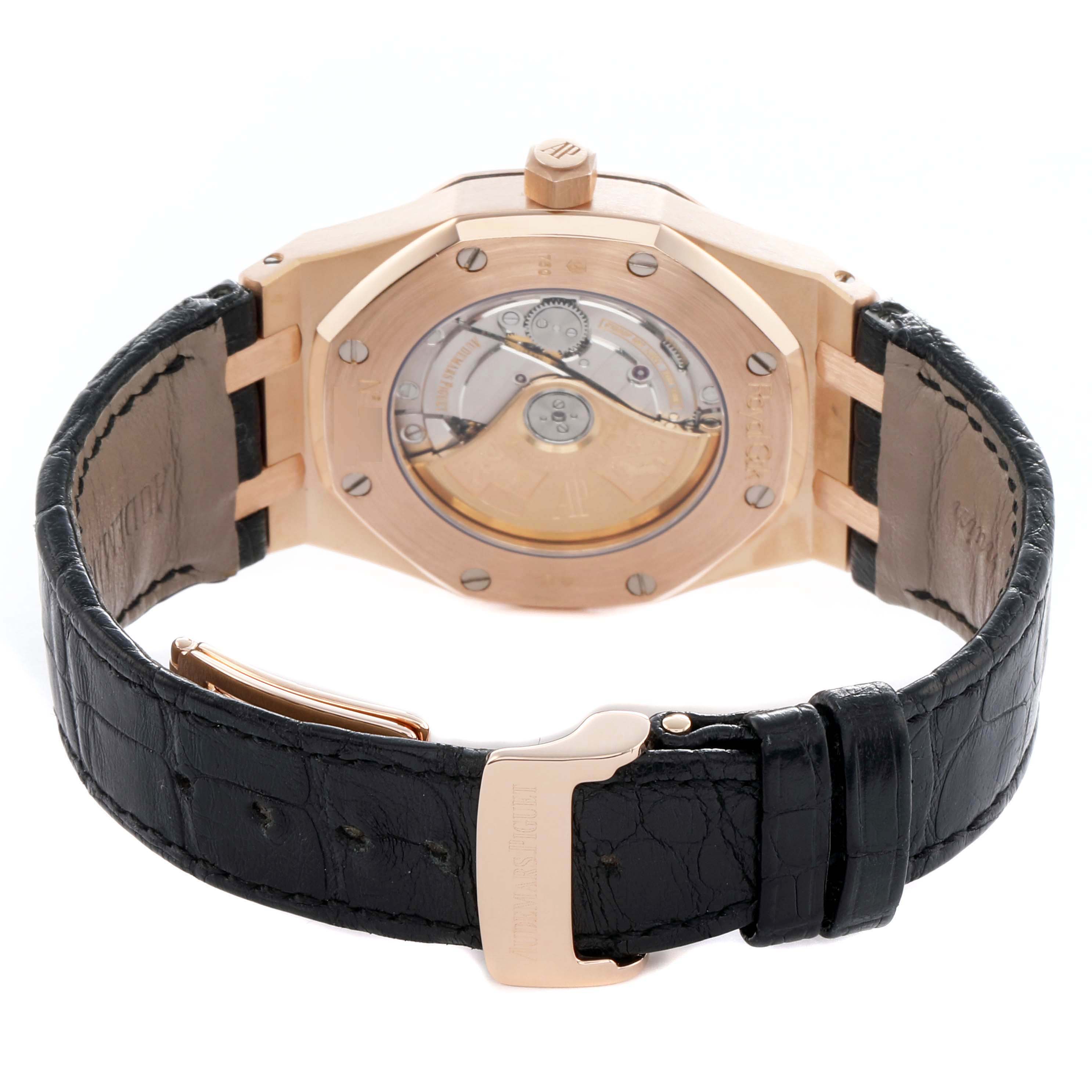 The image shows the back view of the Audemars Piguet Royal Oak 15300OR.OO.D088CR.02 Men
s Rose Gold Silver Dial watch, highlighting the case back and black leather strap.