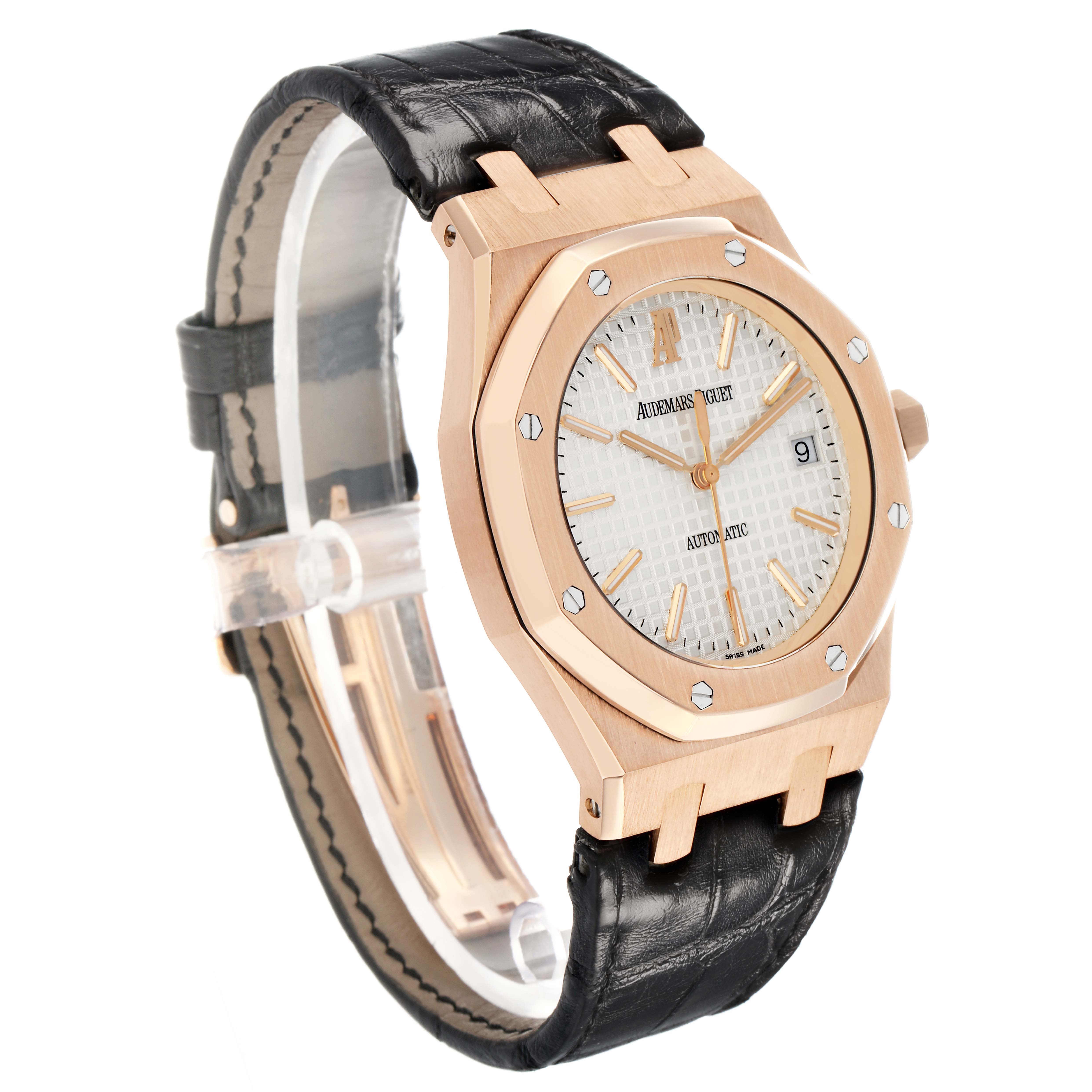 The Audemars Piguet Royal Oak 15300OR.OO.D088CR.02 Men
s Rose Gold Silver Dial watch is shown at a three-quarter angle, highlighting the face, bezel, and leather strap.