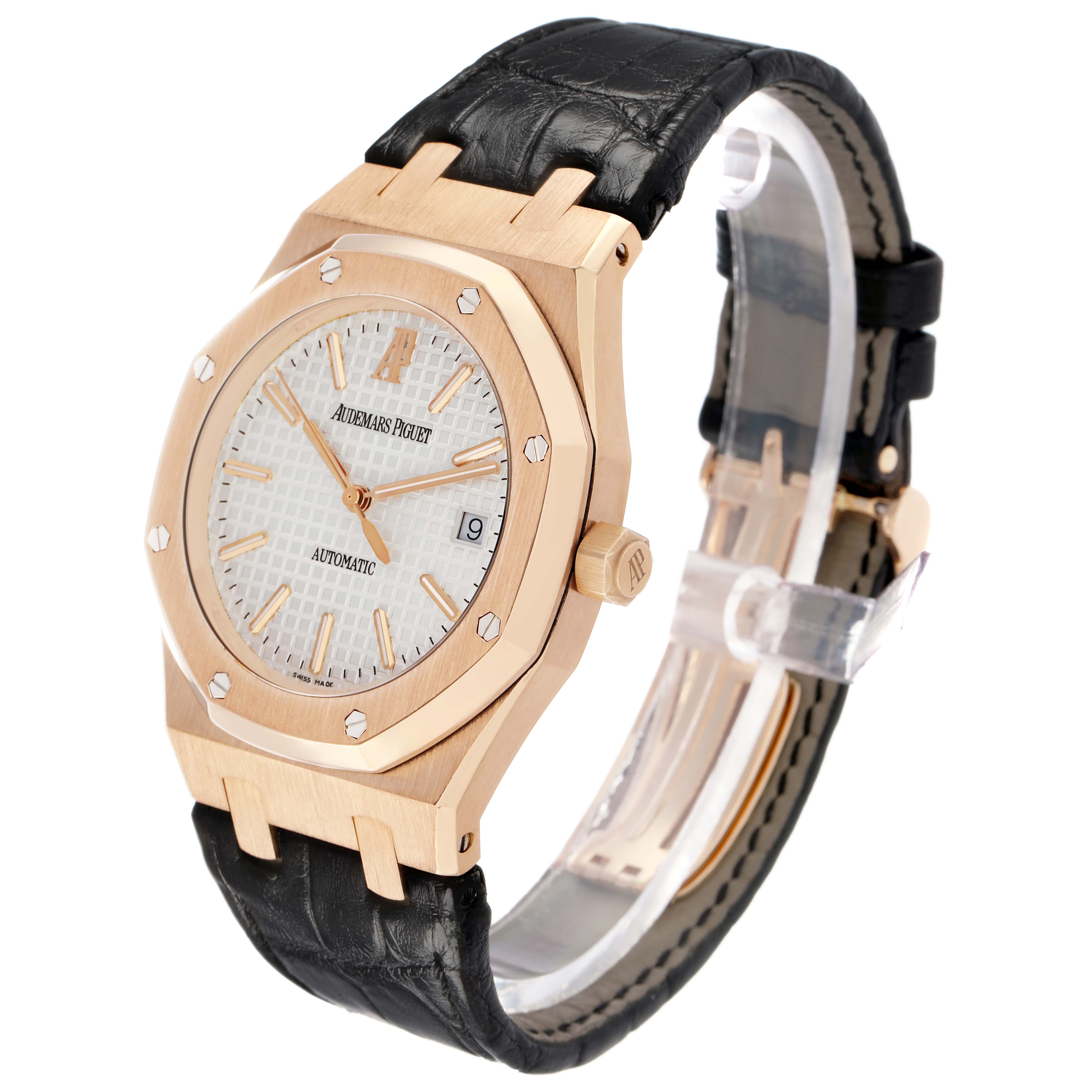 The Audemars Piguet Royal Oak 15300OR.OO.D088CR.02 Men
s Rose Gold Silver Dial watch is shown at a three-quarter angle, displaying the face, bezel, and strap.