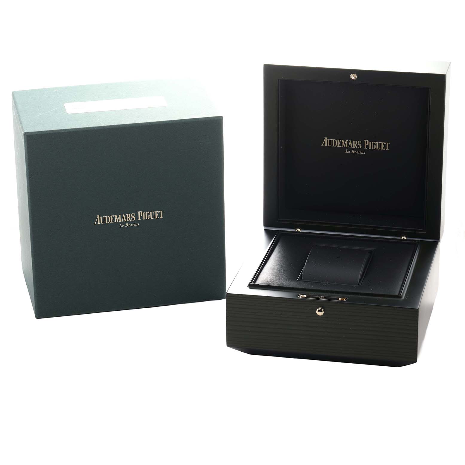 The image shows the opened presentation box and outer box for an Audemars Piguet Royal Oak 15300OR.OO.D088CR.02 Men
s Rose Gold Silver Dial watch, with the brand
s logo visible.