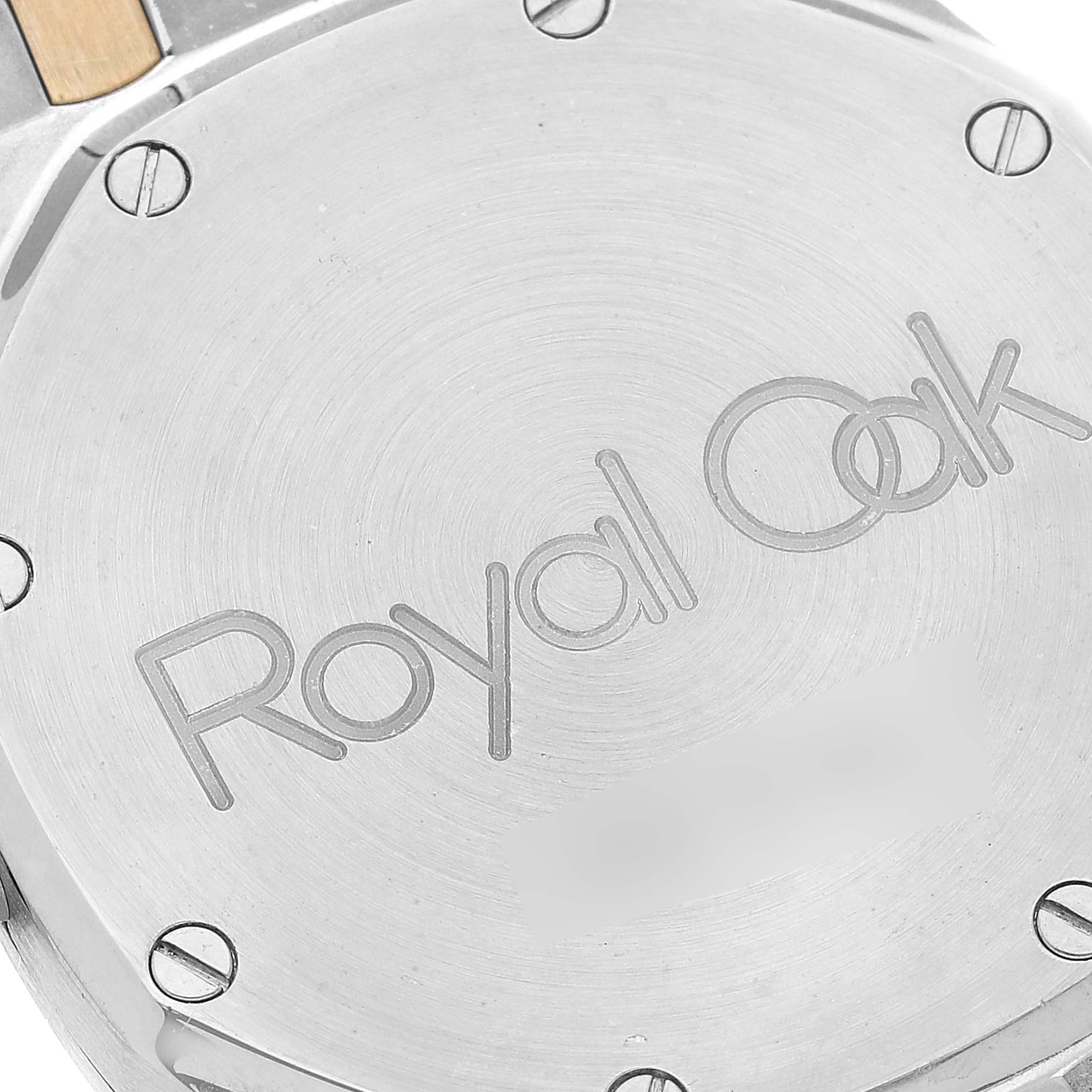 This image shows the back of an Audemars Piguet Royal Oak 14790SA.OO.0789SA.01 Men
s Steel and Gold (two tone) Grey Dial 14790SA.OO.0789SA.01 Men
s Steel and Gold (two tone) Grey Dial watch, focusing on the case back and brand engraving.