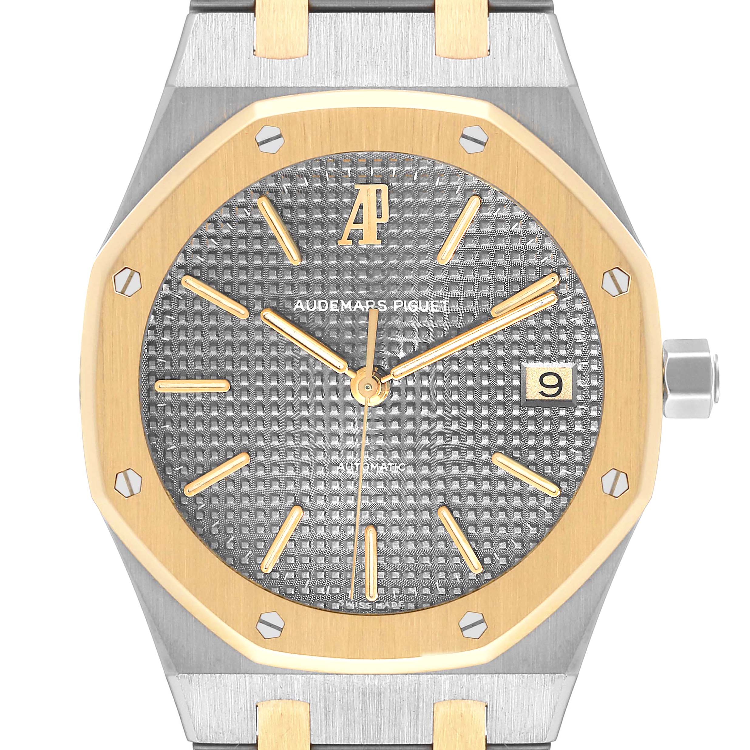 This image shows a front view of the Audemars Piguet Royal Oak 14790SA.OO.0789SA.01 Men
s Steel and Gold (two tone) Grey Dial 14790SA.OO.0789SA.01 Men
s Steel and Gold (two tone) Grey Dial watch, featuring its distinctive octagonal bezel, dial, and date display.