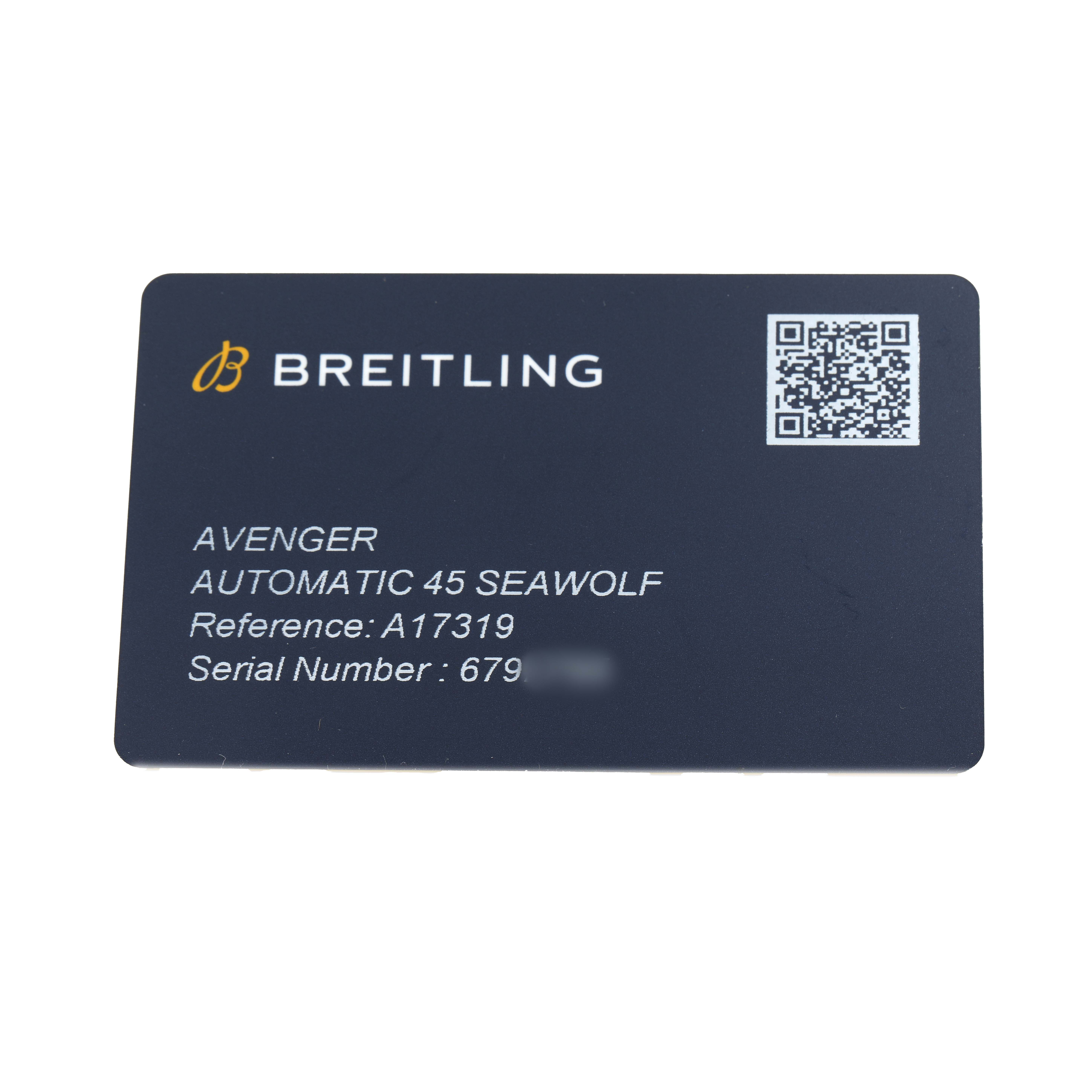 The image shows an identification card for the Breitling Avenger A17319 Men
s Stainless Steel Yellow Dial Automatic 45 Seawolf watch, featuring model and serial details, seen from above.