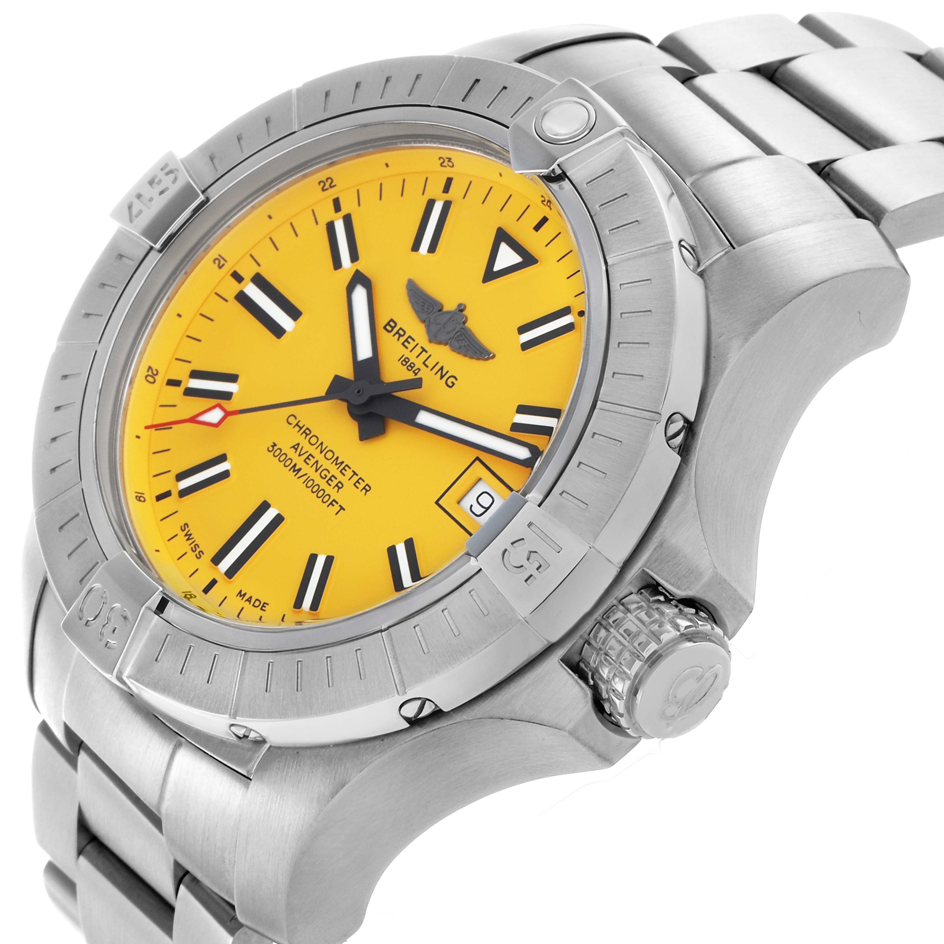 The Breitling Avenger A17319 Men
s Stainless Steel Yellow Dial watch is shown at a slight angle, highlighting the yellow dial, bezel, crown, and stainless steel bracelet.