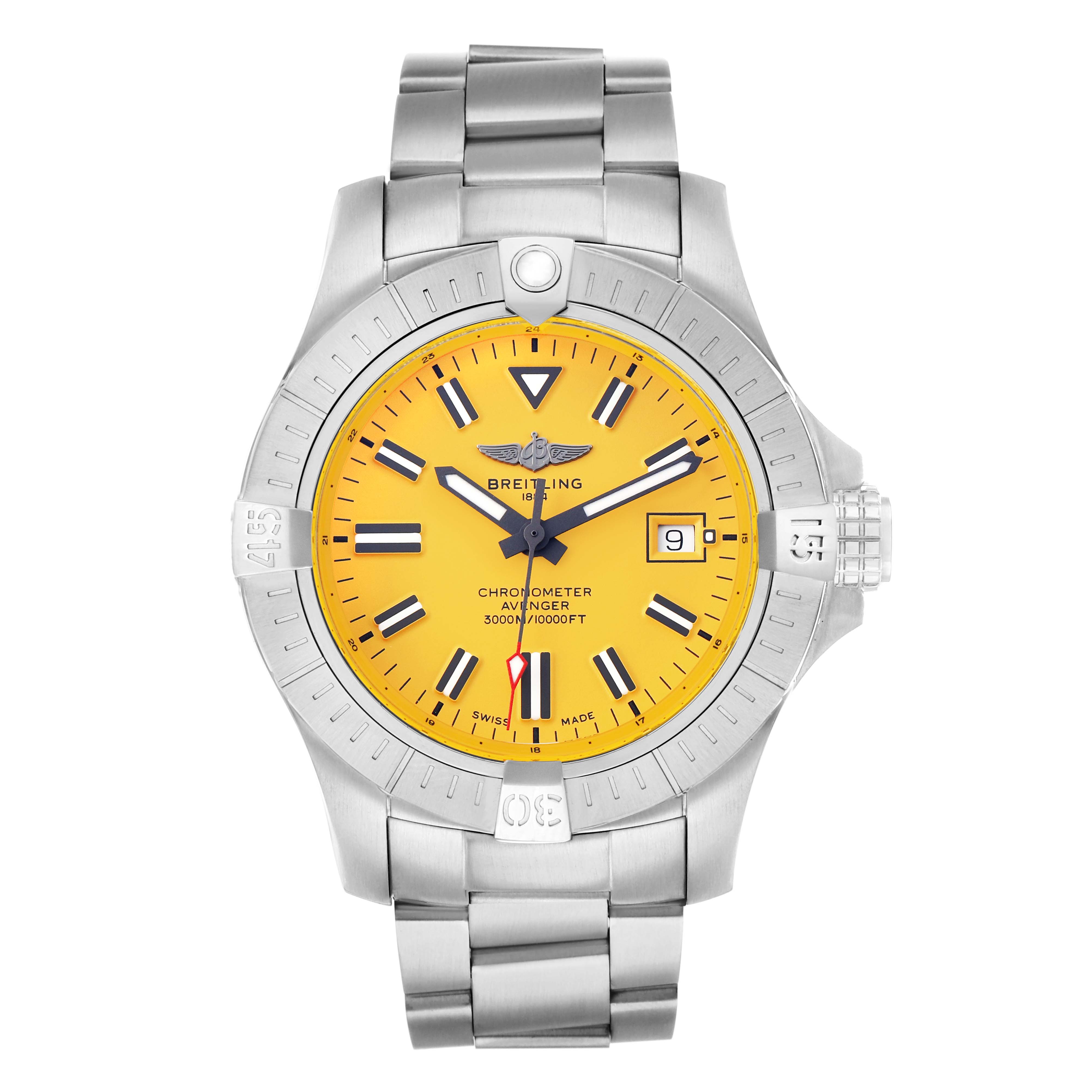 The Breitling Avenger A17319 Men
s Stainless Steel Yellow Dial watch is shown from a top-down angle, displaying the face, bezel, bracelet, and crown.