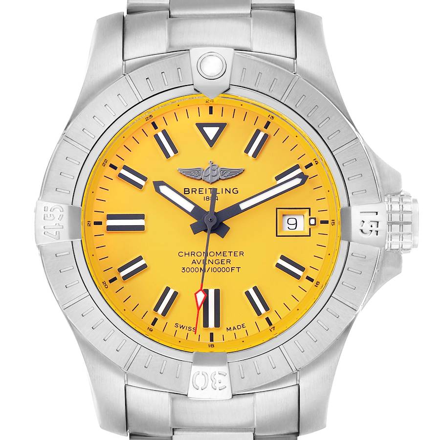 The Breitling Avenger A17319 Men's Stainless Steel Yellow Dial watch is shown from a front angle, displaying the yellow dial, stainless steel bezel, and bracelet.