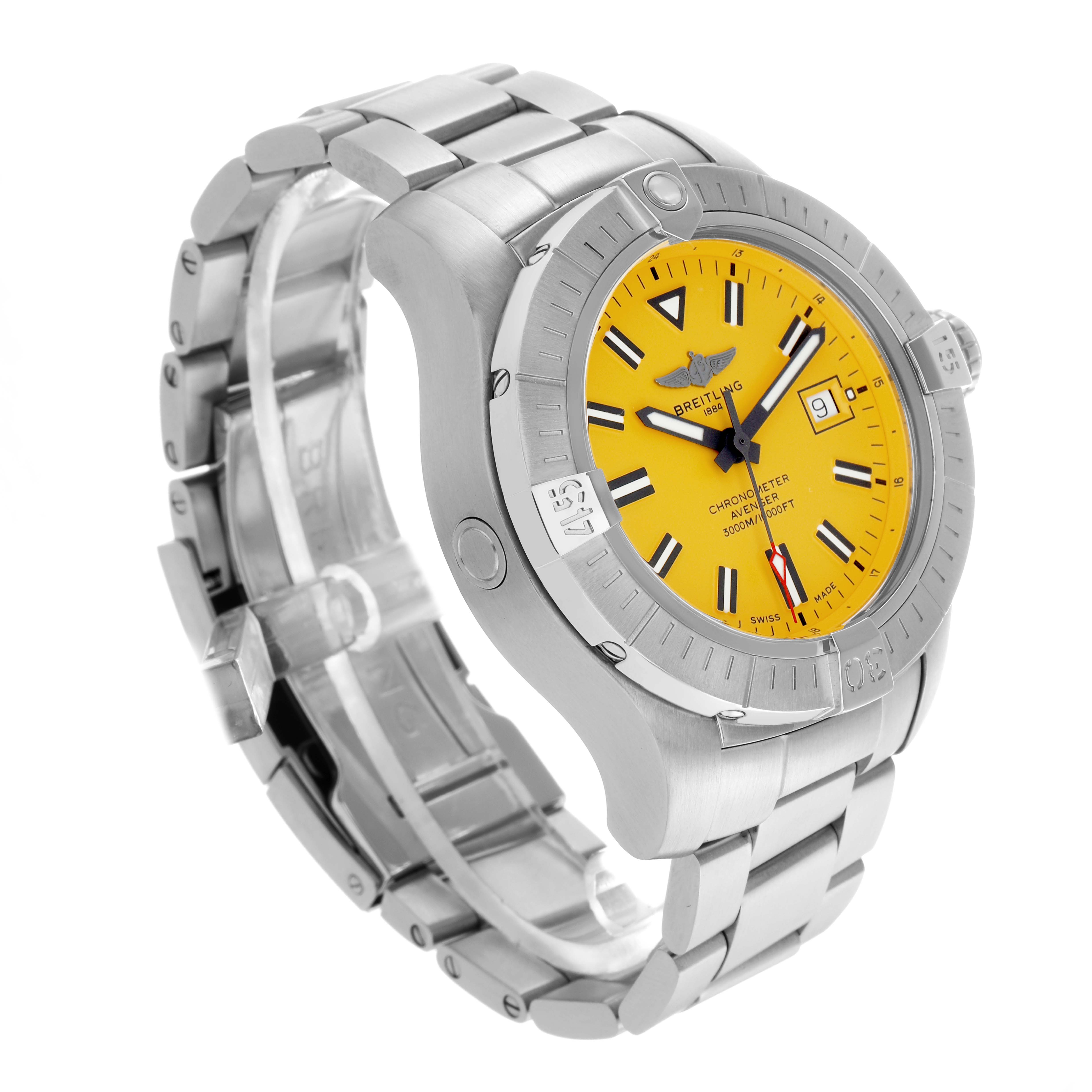 The Breitling Avenger A17319 Men
s Stainless Steel Yellow Dial watch is shown at an angled side view, highlighting its yellow dial, bezel, and metal bracelet.