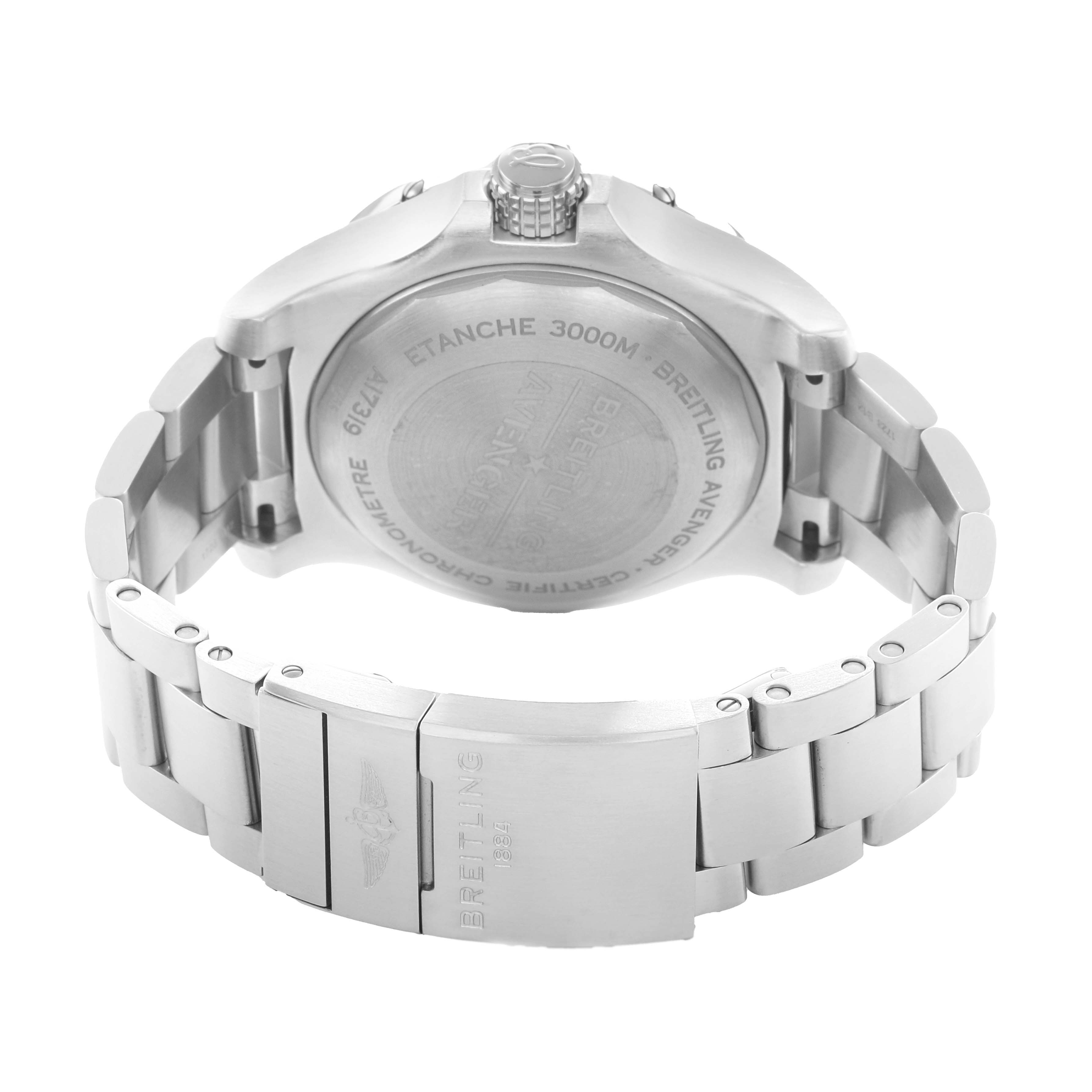 The image shows the back view of a Breitling Avenger A17319 Men
s Stainless Steel Yellow Dial watch, highlighting the case back, crown, and stainless steel bracelet with clasp.