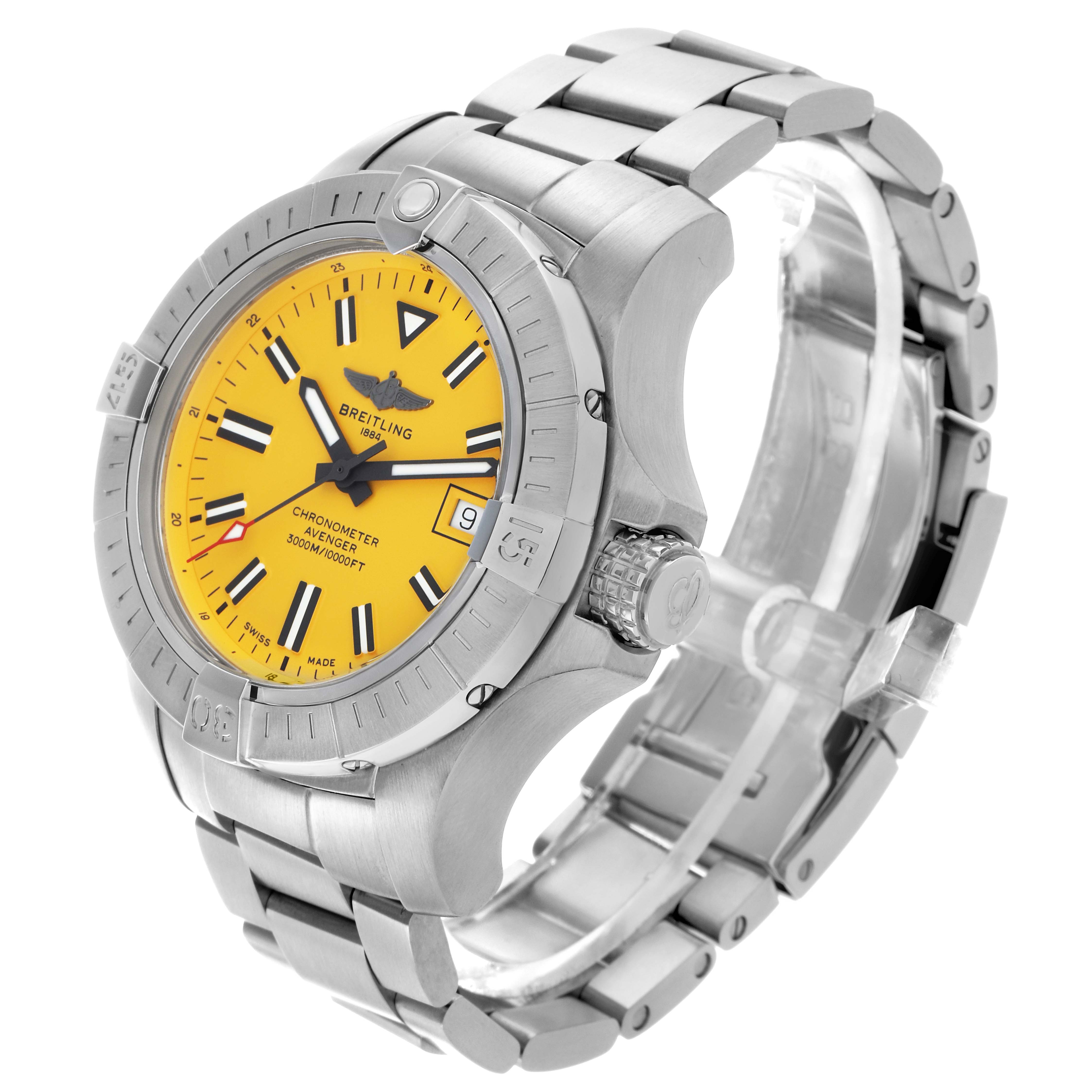 The Breitling Avenger A17319 Men
s Stainless Steel Yellow Dial watch is shown at a three-quarter angle, highlighting the yellow dial, bezel, crown, and bracelet.