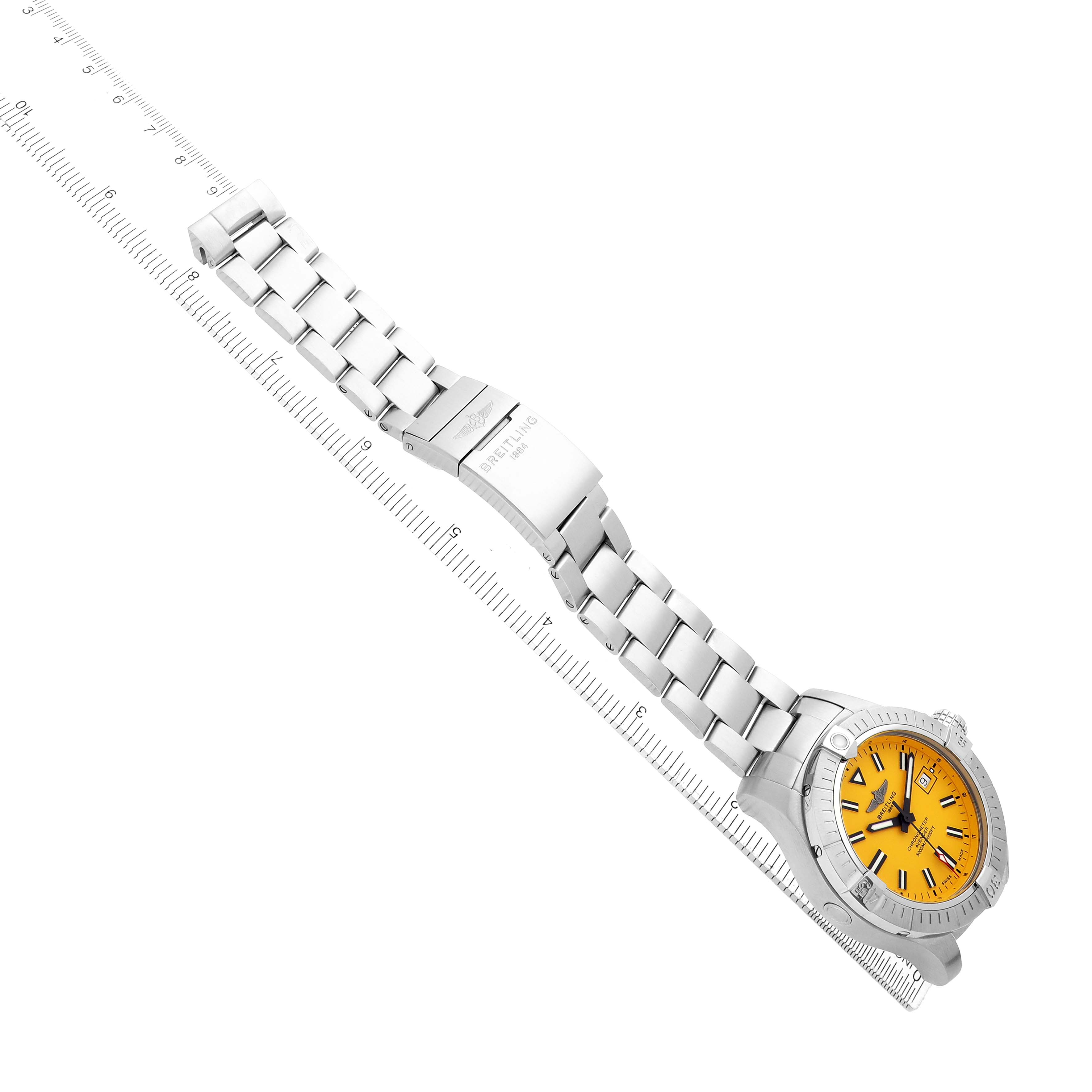 The Breitling Avenger A17319 Men
s Stainless Steel Yellow Dial watch is angled diagonally, showing its bracelet, clasp, and yellow dial.