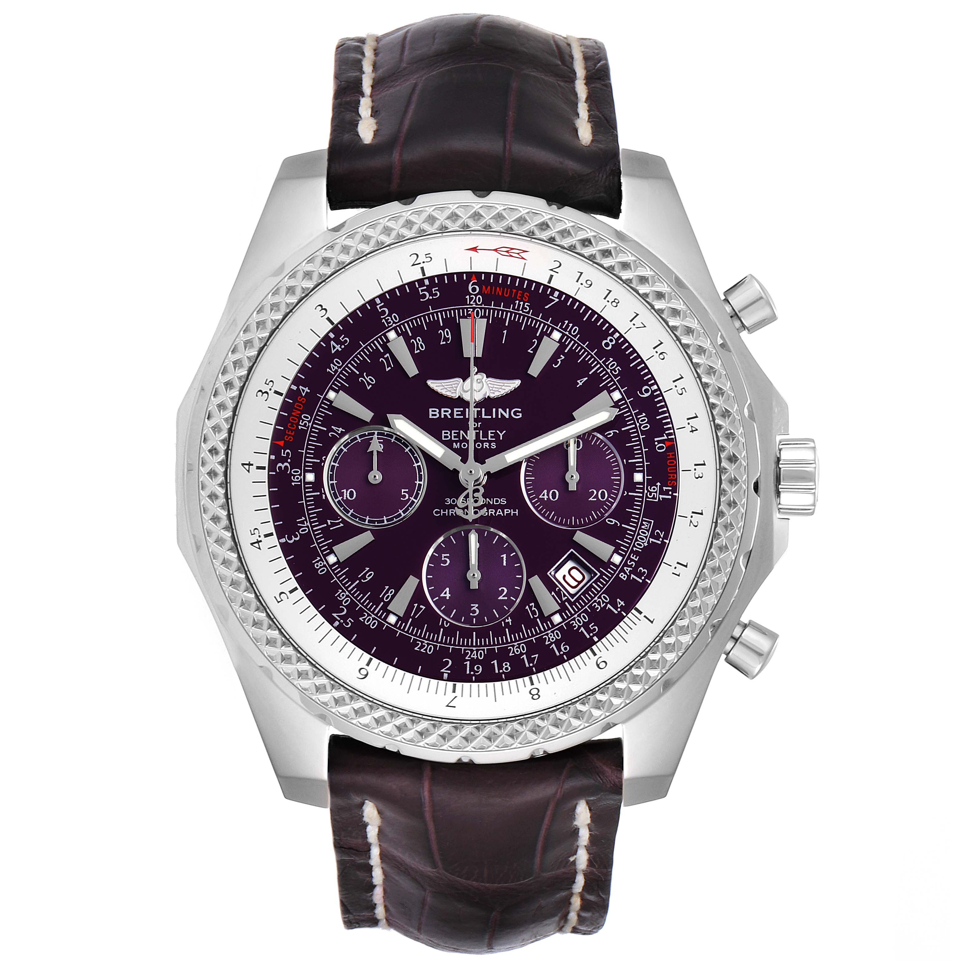 The image shows a front view of the Breitling Bentley A25362 Men's Stainless Steel Purple Dial A25362 Men's Stainless Steel Purple Dial model watch, displaying its dial, bezel, pushers, and leather strap.