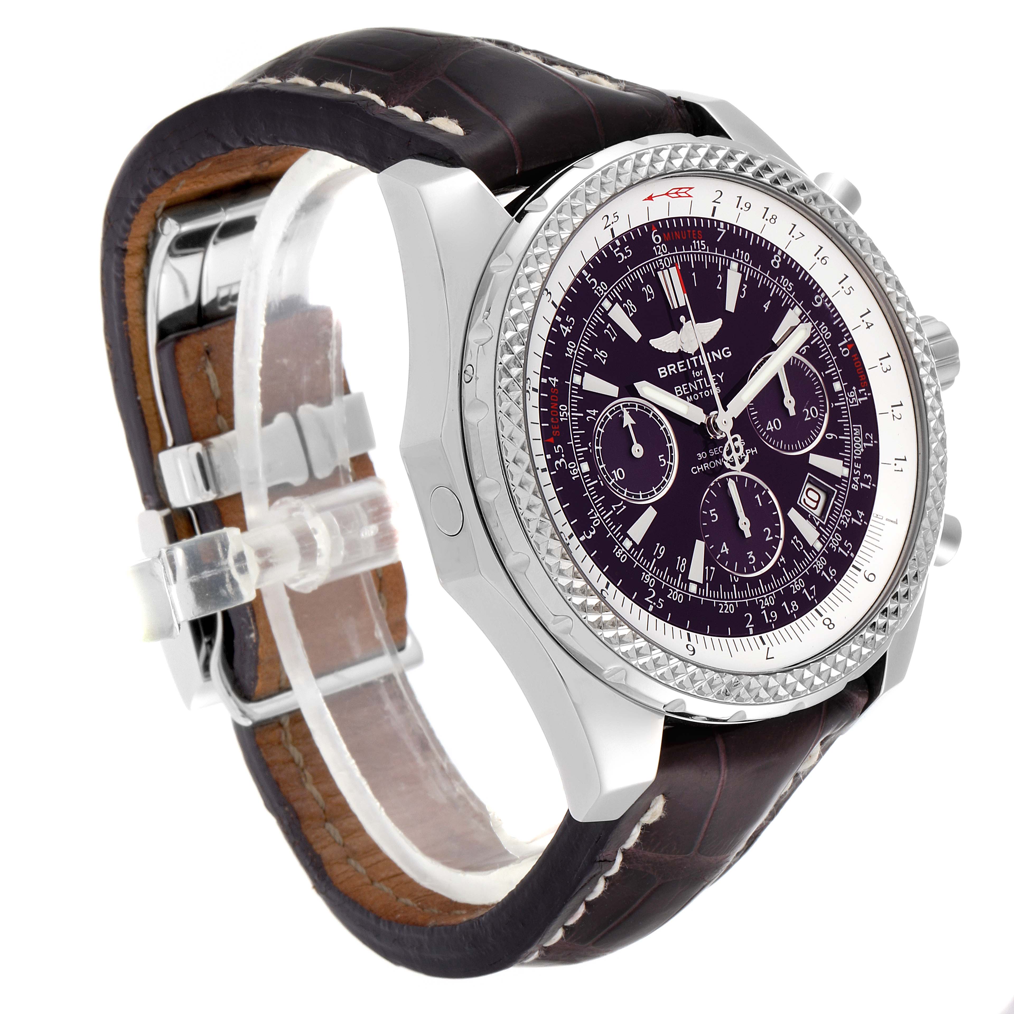 This image shows a side view of the Bentley model by Breitling, displaying its dial, bezel, and leather strap.