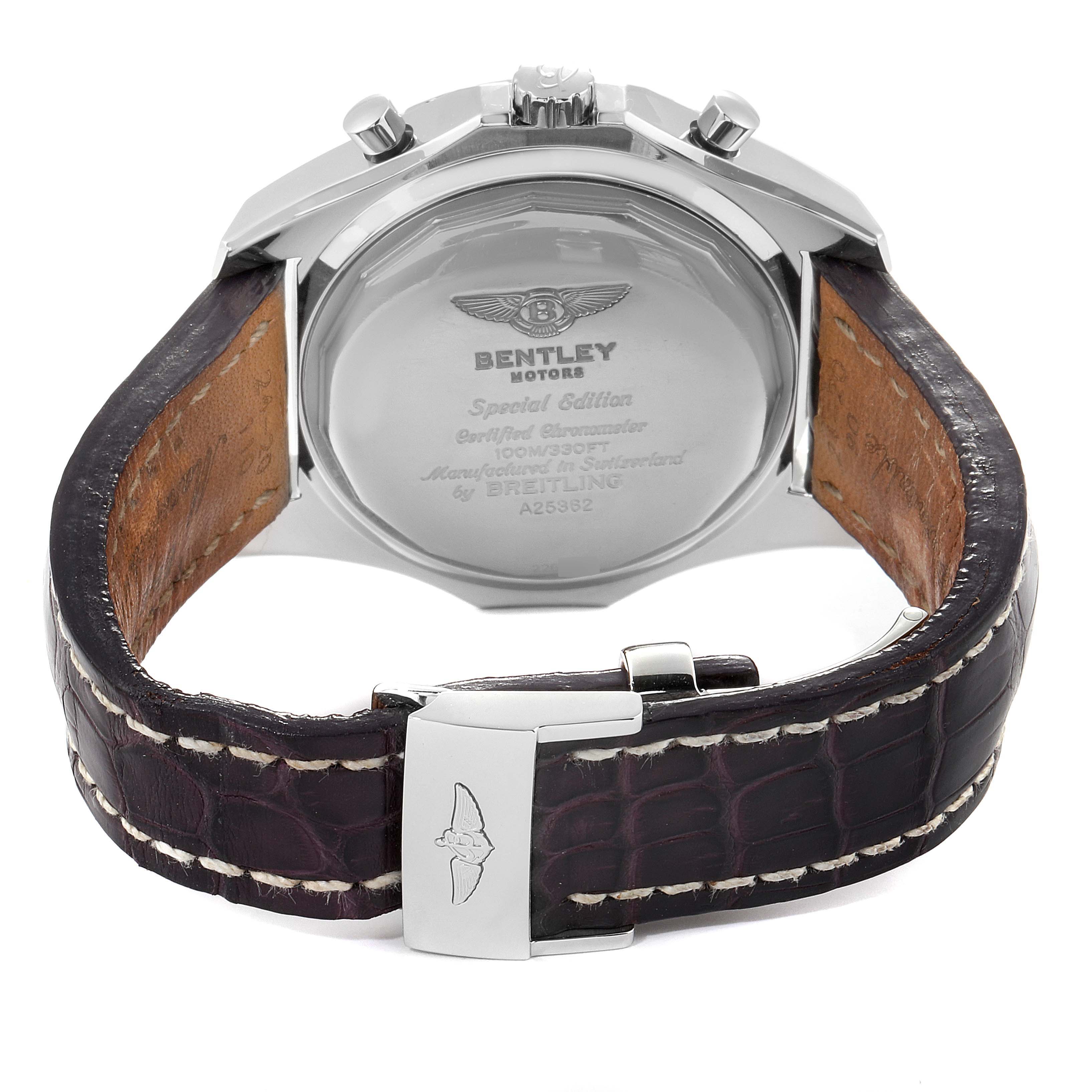 The image shows the back view of the Breitling Bentley A25362 Men's Stainless Steel Purple Dial A25362 Men's Stainless Steel Purple Dial watch, highlighting the case back and leather strap.