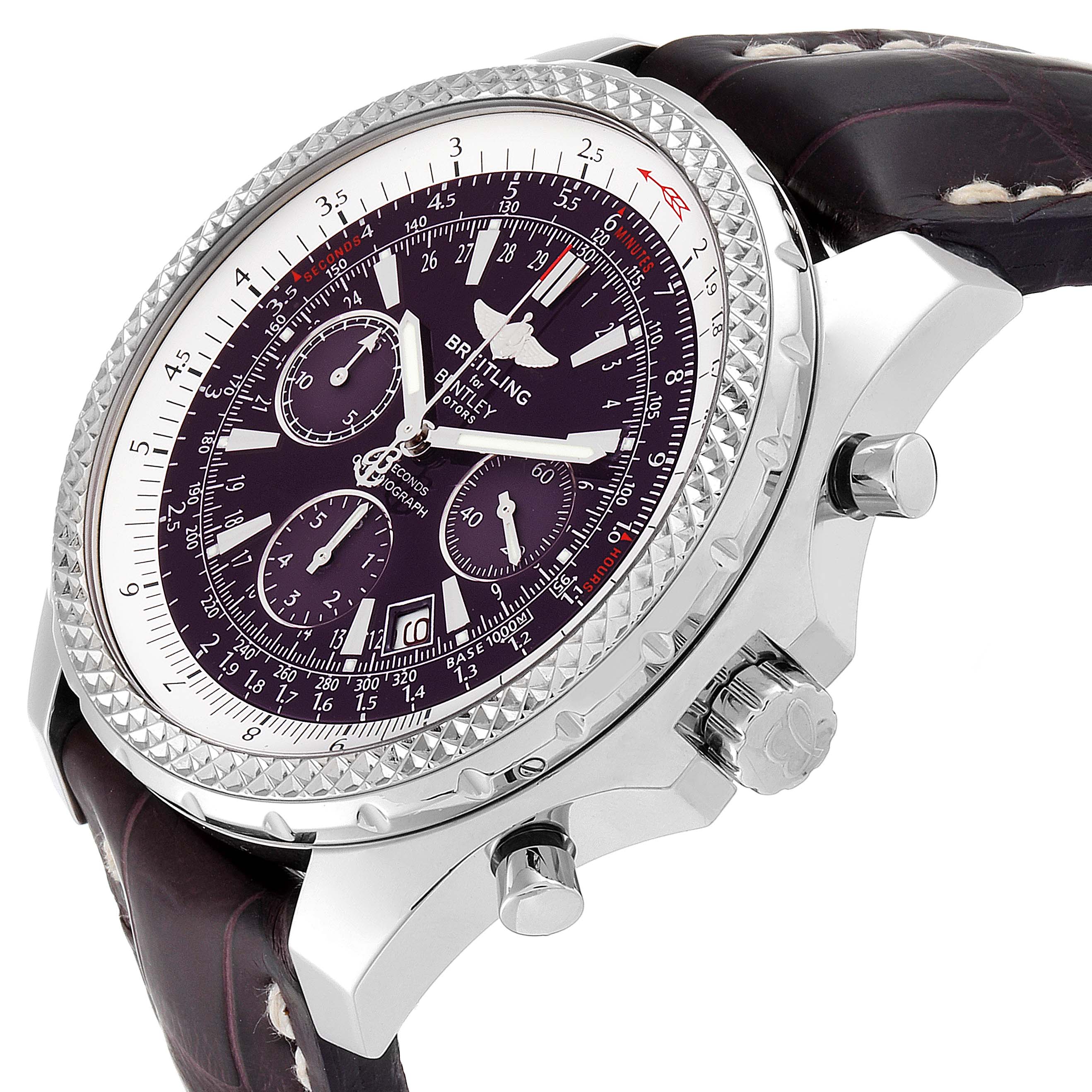 This image shows the face and side details of the Breitling Bentley A25362 Men's Stainless Steel Purple Dial A25362 Men's Stainless Steel Purple Dial watch, including the crown and pushers.