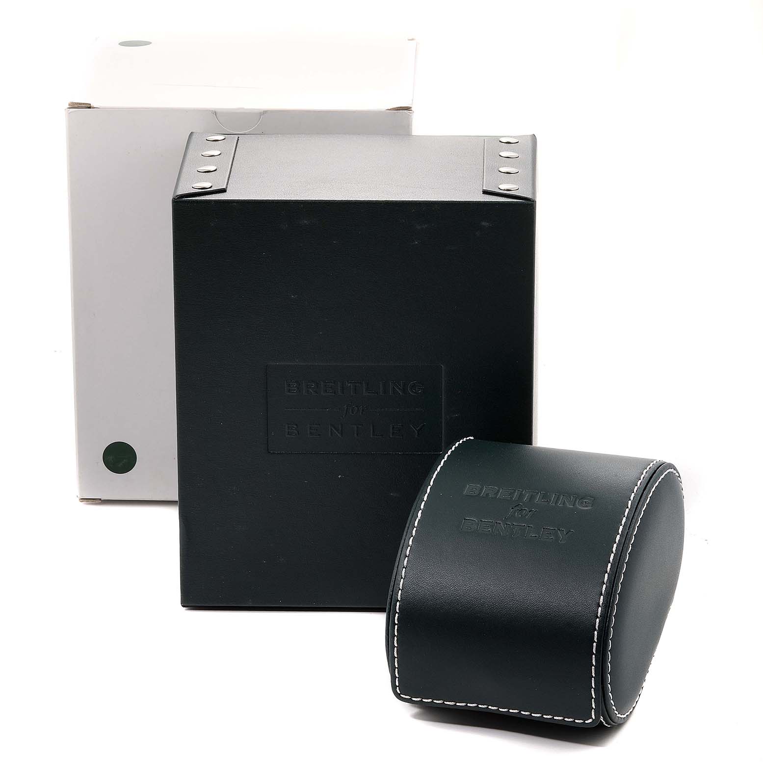 The image shows the packaging for a Breitling Bentley A25362 Men's Stainless Steel Purple Dial A25362 Men's Stainless Steel Purple Dial model watch, including an outer cardboard box, main box, and leather case.