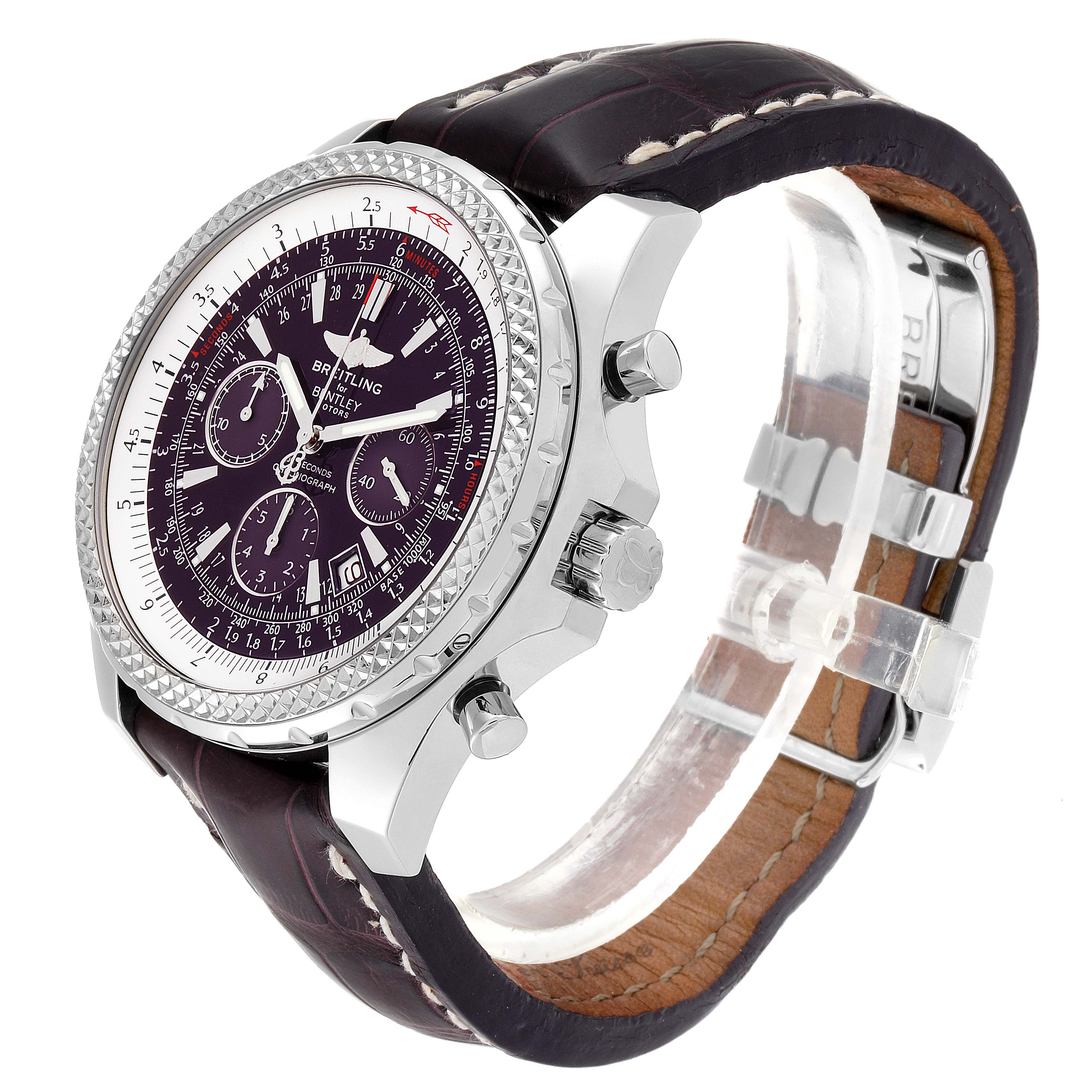 The image shows a Breitling Bentley A25362 Men's Stainless Steel Purple Dial A25362 Men's Stainless Steel Purple Dial watch from a side angle, featuring its face, bezel, and leather strap.