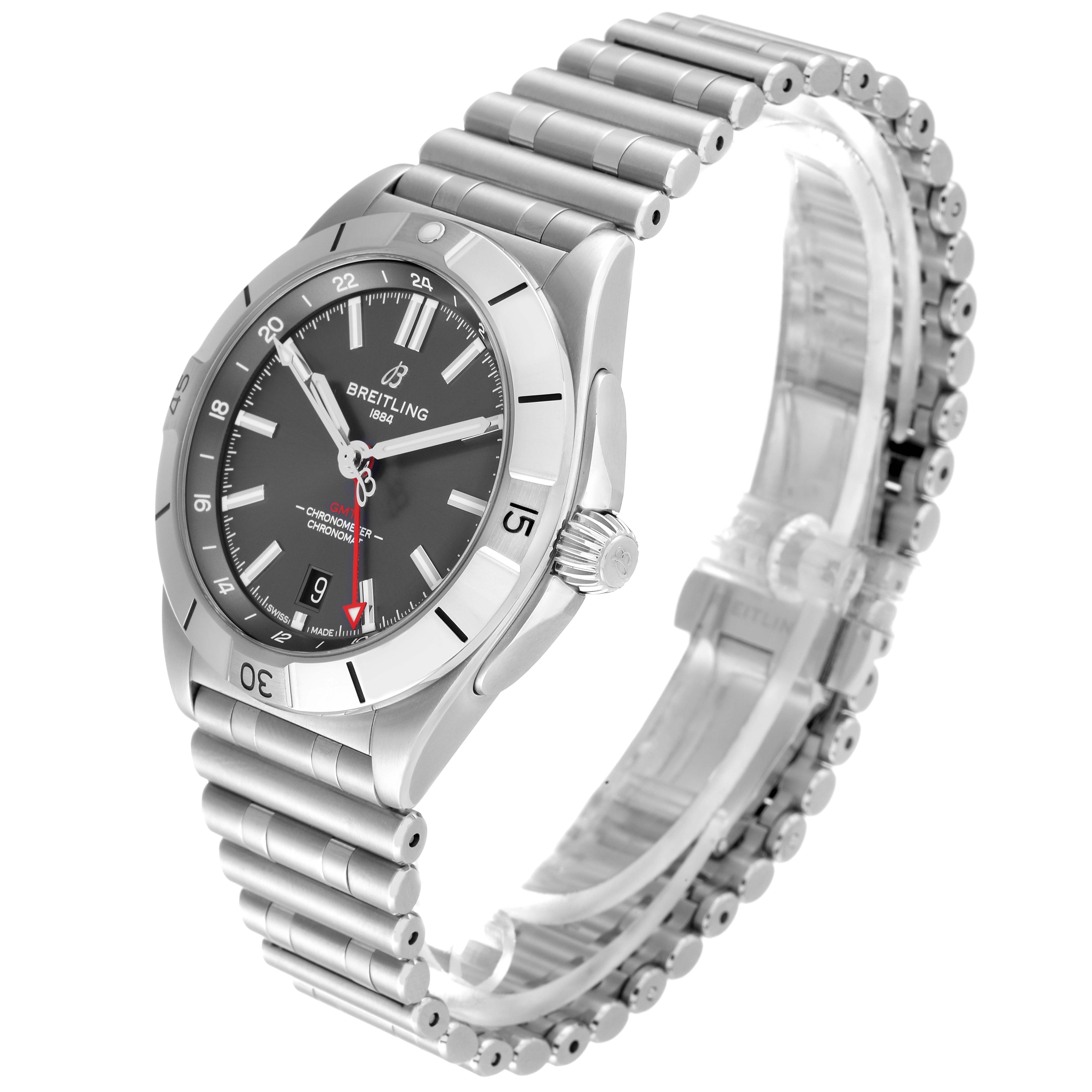 The image shows a side angle of a Breitling Chronomat A32398 Men
s Stainless Steel Grey Dial A32398 Men
s Stainless Steel Grey Dial watch, displaying the face, bezel, crown, and stainless steel band.