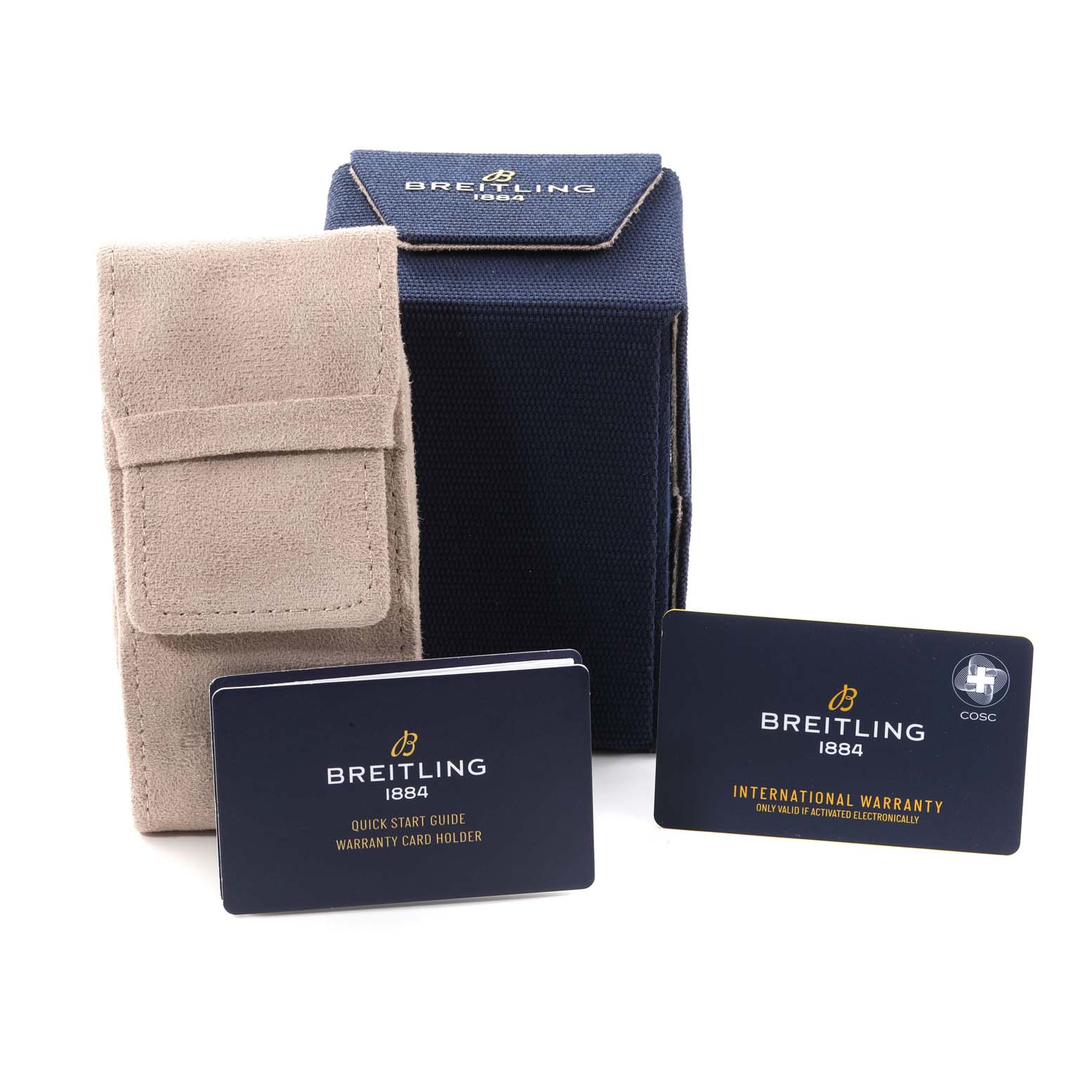 The image shows accessories of a Breitling Chronomat A32398 Men
s Stainless Steel Grey Dial A32398 Men
s Stainless Steel Grey Dial watch, including a travel case, a warranty card holder, and an international warranty card.