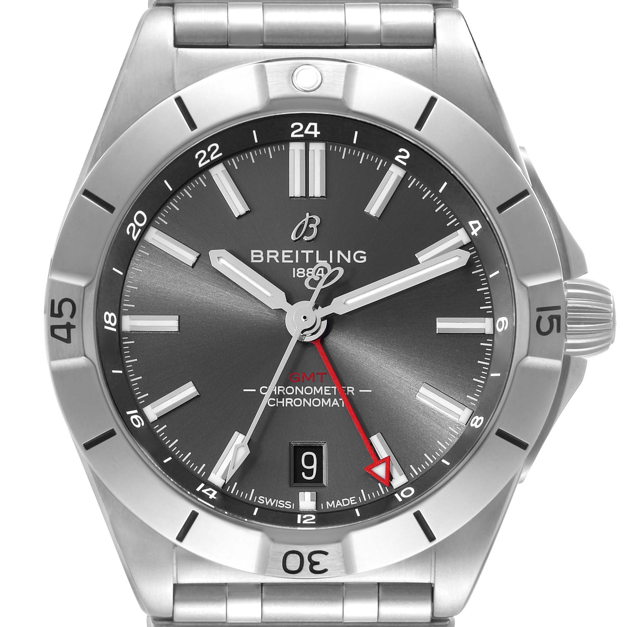 This image shows a front view of the Breitling Chronomat A32398 Men
s Stainless Steel Grey Dial A32398 Men
s Stainless Steel Grey Dial watch, highlighting the dial, bezel, and bracelet.