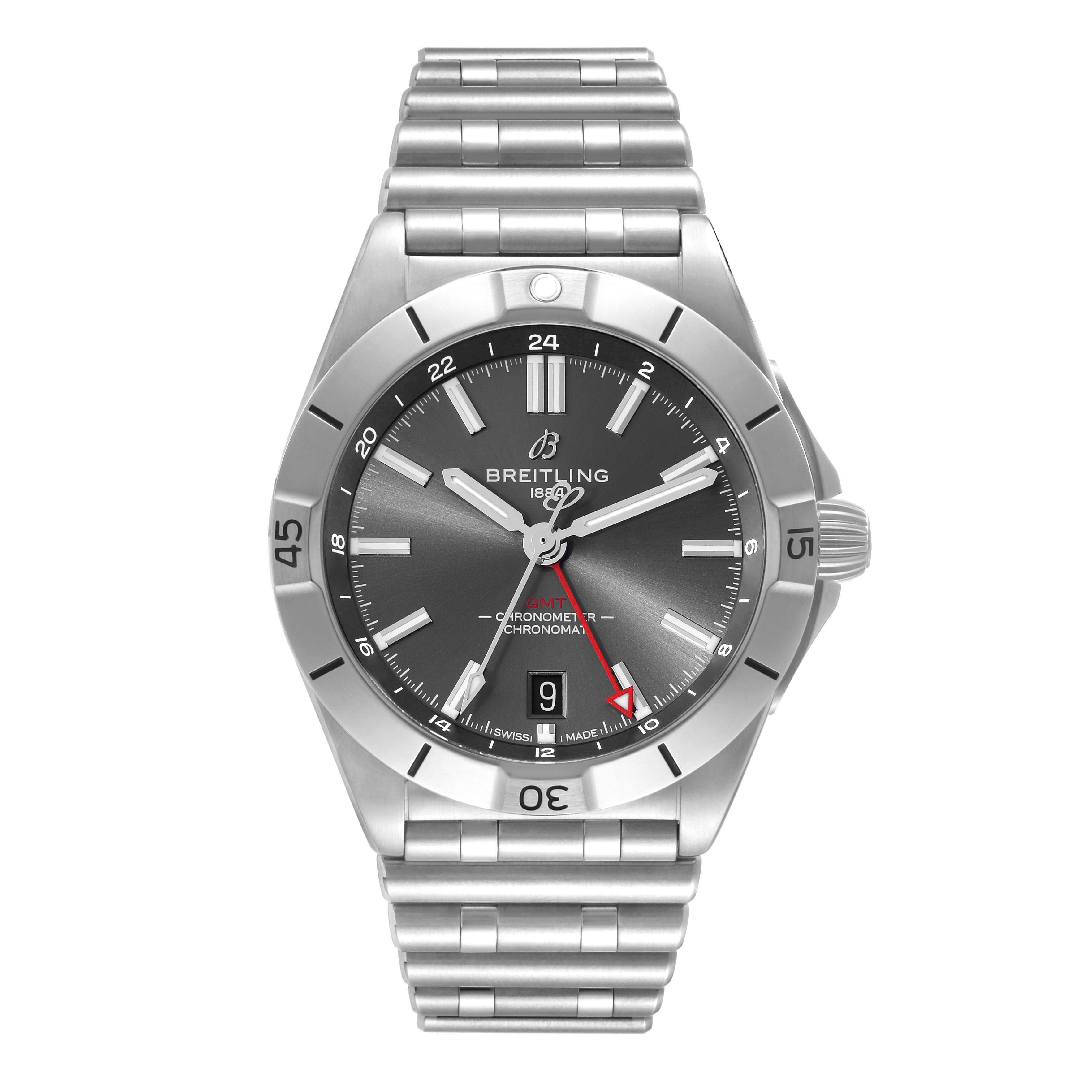 The image shows a front view of the Breitling Chronomat A32398 Men
s Stainless Steel Grey Dial A32398 Men
s Stainless Steel Grey Dial watch displaying its face, bezel, crown, and bracelet.