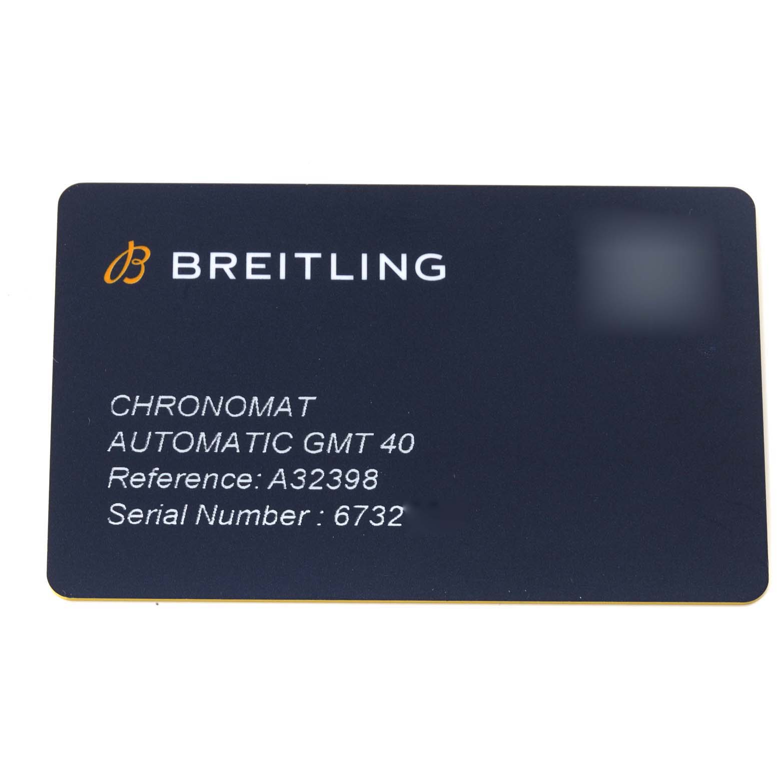 The image shows a Breitling warranty card for the Chronomat Automatic GMT 40 model with reference number A32398 and serial number 6732.