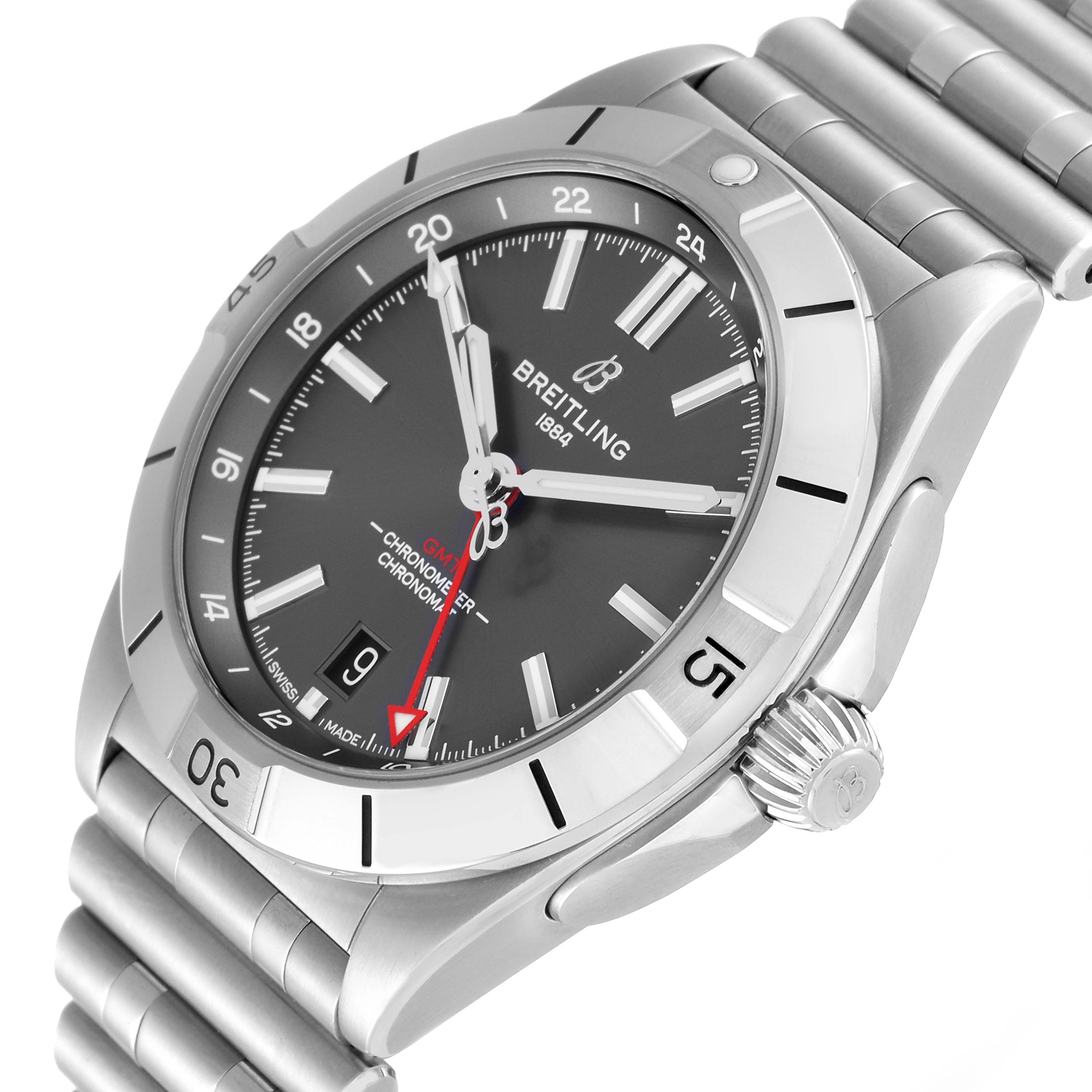 The image shows a close-up side-angle view of the Breitling Chronomat A32398 Men
s Stainless Steel Grey Dial A32398 Men
s Stainless Steel Grey Dial watch, highlighting the face, bezel, and bracelet.