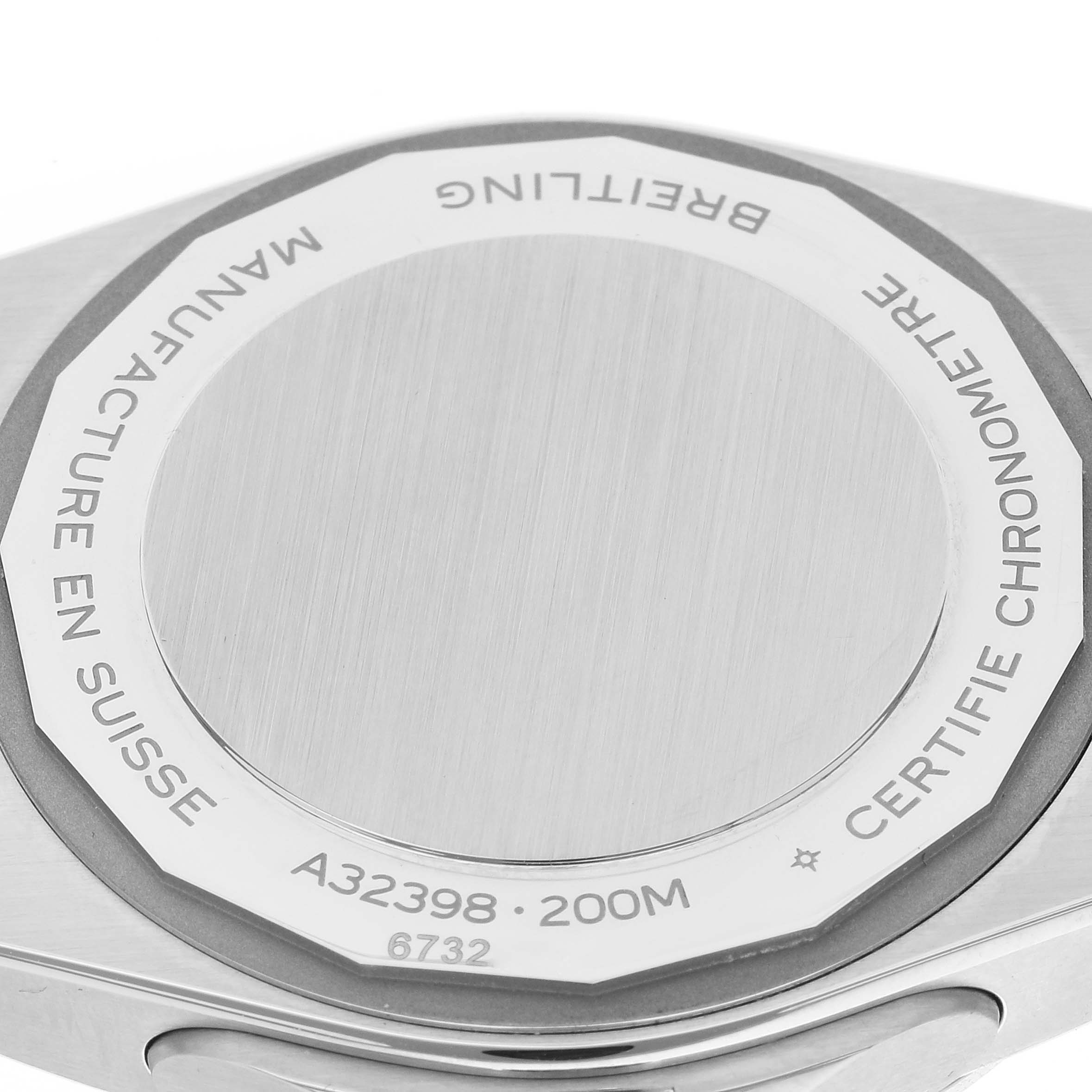 The image shows the back case of a Breitling Chronomat A32398 Men
s Stainless Steel Grey Dial A32398 Men
s Stainless Steel Grey Dial watch, highlighting the model number and water resistance.